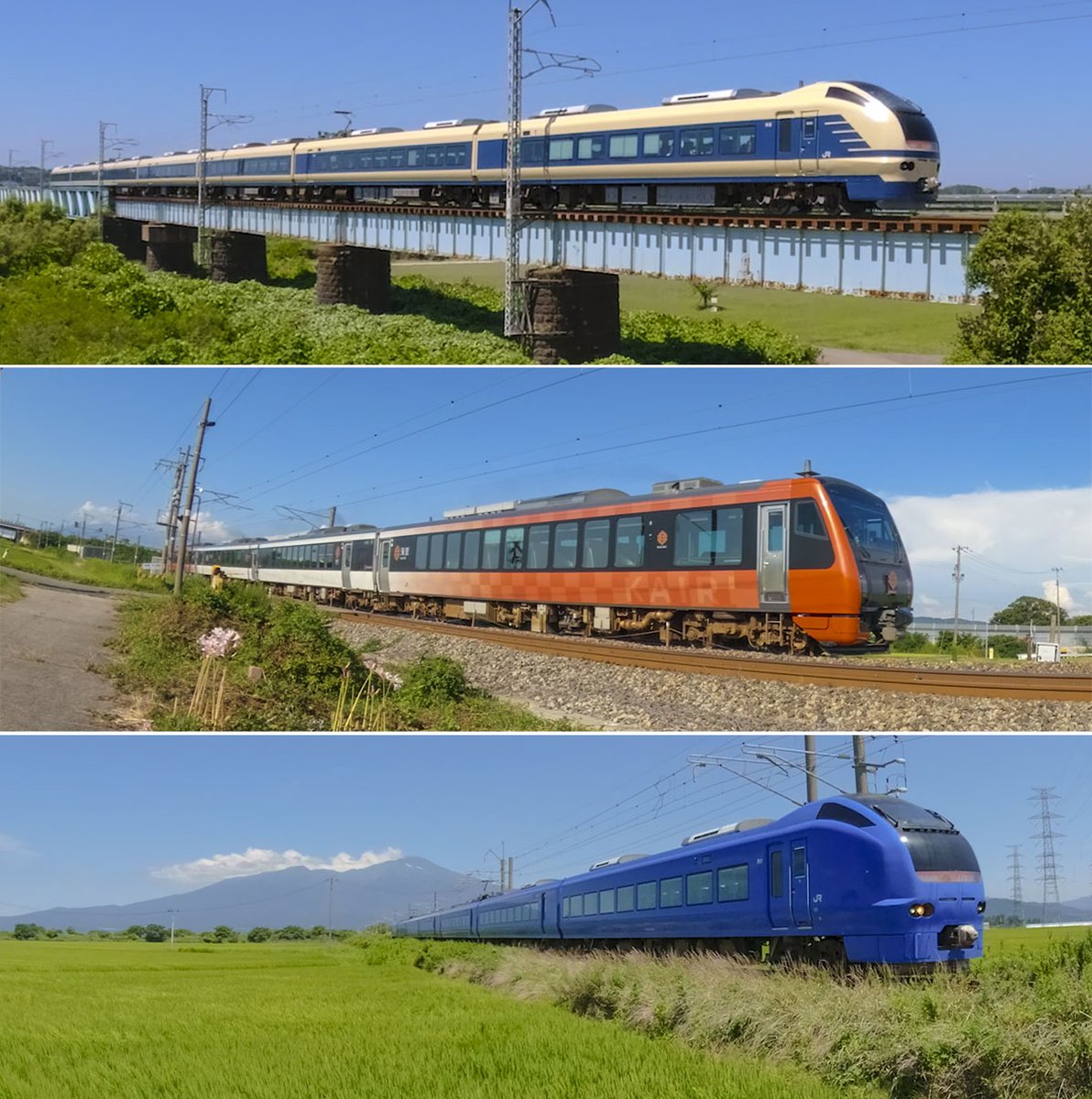 AAG_Railroad's tweet photo. 先月山形〜秋田方面に向かった時の羽越線です。この夏は、特急いなほに旧国鉄583系色リバイバルカラーが登場しました。（添付写真上）
国鉄583系といえば、私が子供の頃の山陽本線の特急「はと」、寝台特急「月光」が懐かしいです。特急「はと」は運行本数が多く一番親しみのあった特急です。
↓ https://t.co/YMTgZfSPll