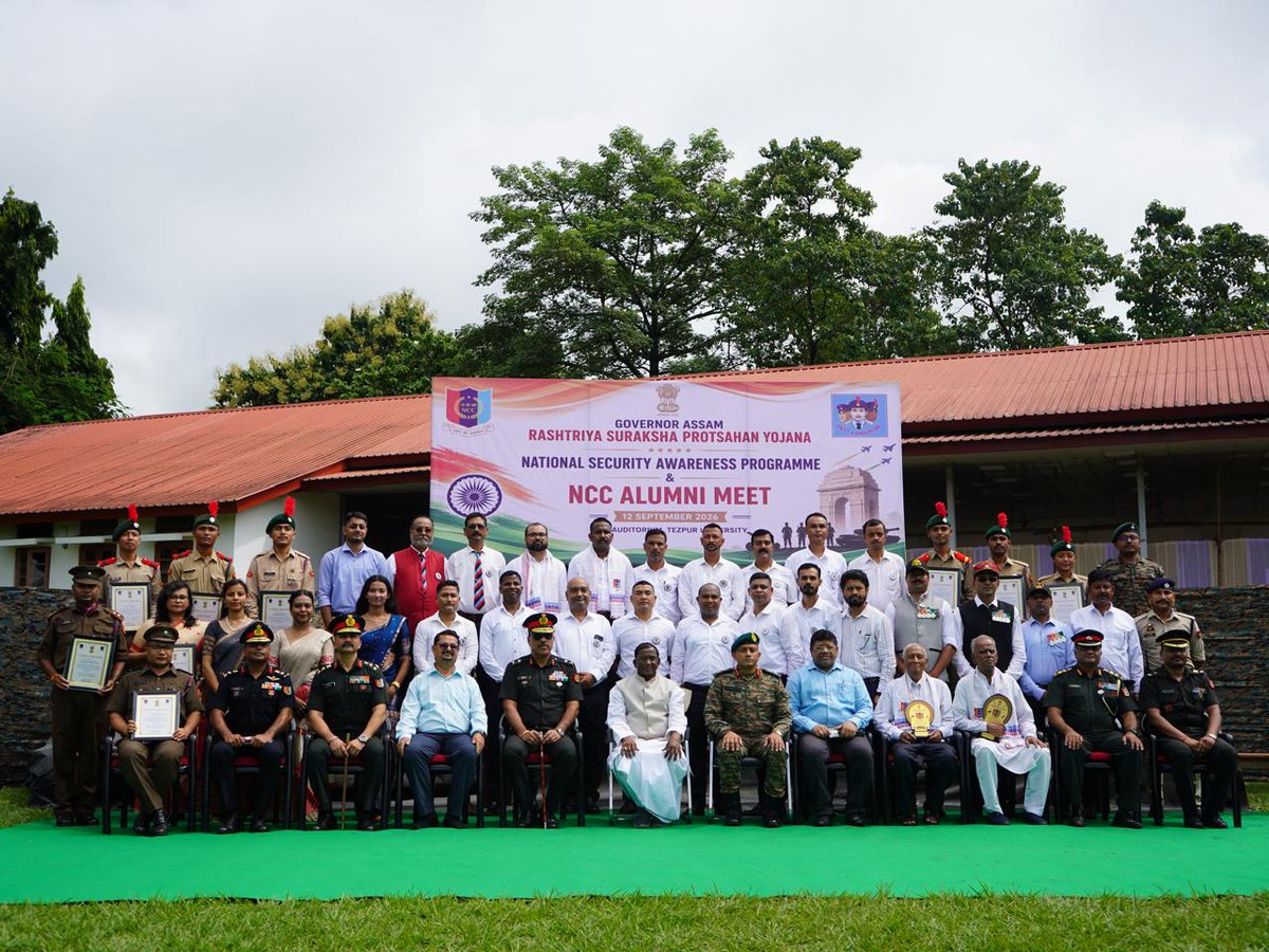 ncc_gp's tweet photo. A moment of pride as Cadets of 5 Assam Bn NCC, Tezpur Gp welcomed the Hon'ble Governor of Assam For The Rashtriya Suraksha Protsahan Yojna, an initiative of the Hon’ble Governor of Assam, at Tezpur University.  The vibrant programme bringing together NCC cadets, alumni, institutional partners and senior leadership from the Armed Forces and NCC. Guests witnessed the enthusiasm, commitment, spirit of patriotism and national service of the NCC fraternity.A special highlight was the felicitation of NCC alumni.The programme also featured a spirited performance by the NCC Girls Band of 33 Assam Bn NCC & various Information stalls. GOC Gajraj Corps and ADG, NCC Directorate North Eastern Region also graced the occasion.
@nccner @HQ_DG_NCC @GajrajCorps_IA

 #NCC #Assam #RashtriyaSurakshaProtsahanYojna #Youth #NationalSecurity #Tezpur