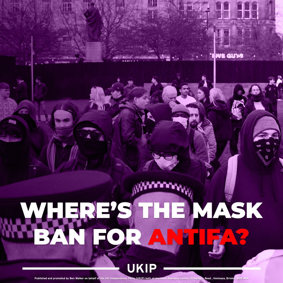 UKIP's tweet photo. The establishment has been quick to ban balaclavas.

But where was this urgency when masked-up far-left Antifa used masks to conceal their identity when they attacked patriots?

The police and government claim it’s about public safety - but why was the safety of patriots and families not a priority when the far-left mask up? 

They claim it’s about community cohesion - so why is the burka exempt? If the rule is to ban face coverings, then it must include all face coverings. No exemptions. 

This is just another move by the establishment to suppress the patriots in order to stop them pointing out the mass-invasion of Britain.