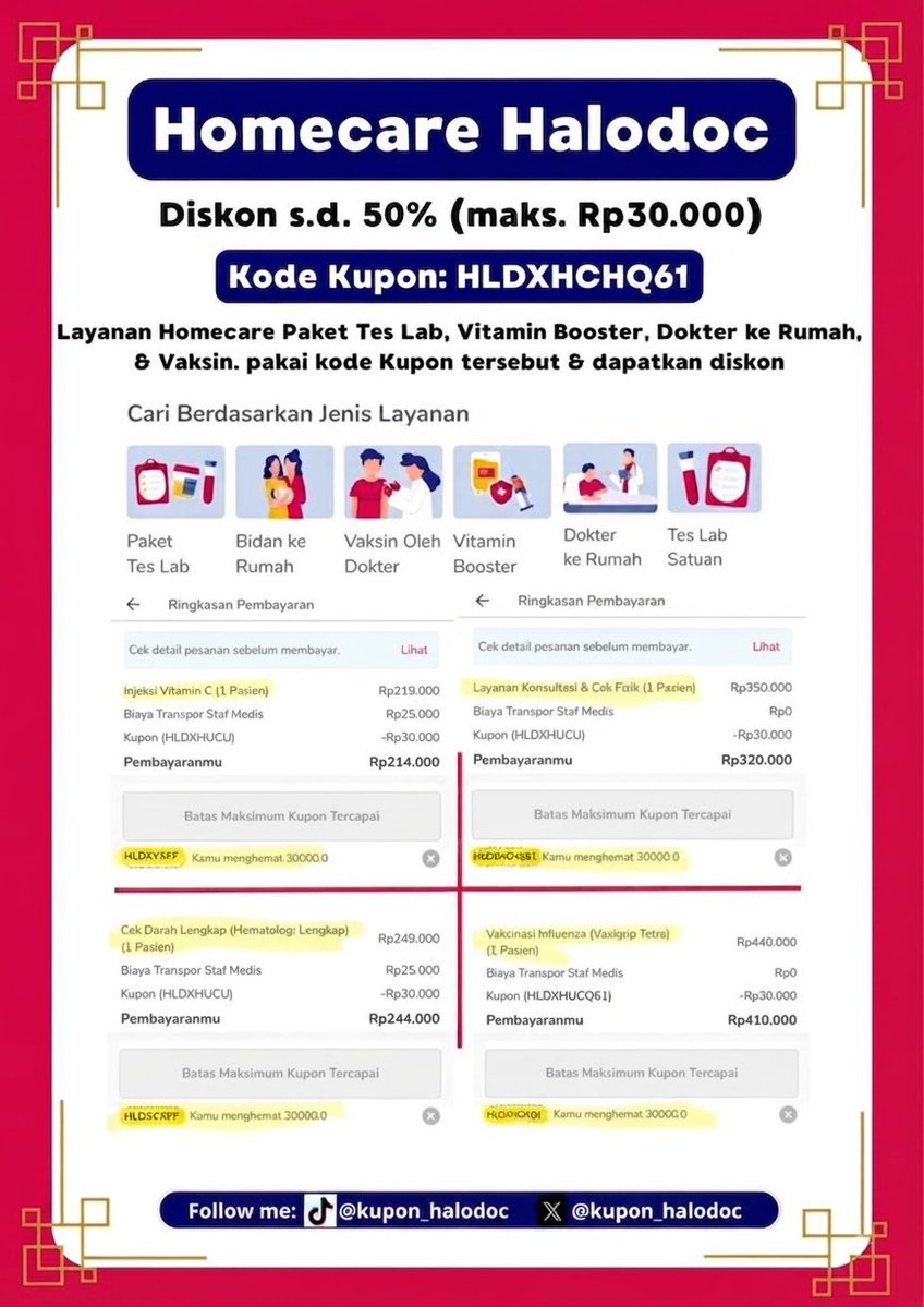kupon_halodoc's tweet photo. Kamu lagi Cari layanan Homecare
pake Halodoc homecare aja
1.Vaksin
2.Suntik/infus Vitamin Booster
3.Tes Lab/Cek Kesehatan
4.Dokter ke Rumah

🏡Diskon s.d. 50% (maks. Rp30.000)
🔗Klik link: https://t.co/mPJfB2CbDm 
🎟Kode Kupon: HLDXHCHQ61

#homecare #vaksin #zonauang #zonajajan https://t.co/bRzyYVBM74