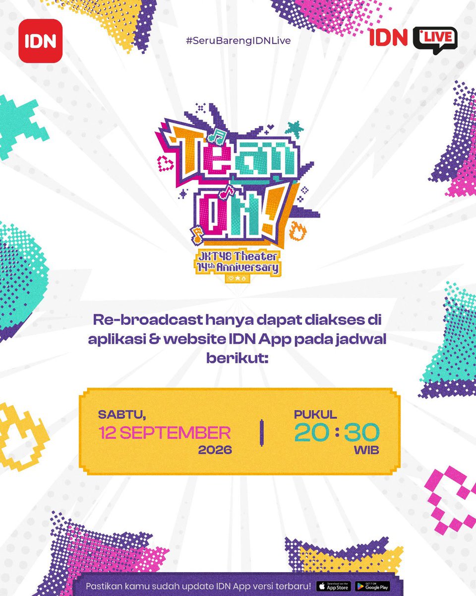 idn_app's tweet photo. Mohon maaf atas kendala yang terjadi pada awal penayangan JKT48 Theater 14th Anniversary “TEAM ON!”.

Sebagai tindak lanjut, Kami akan menghadirkan Re-Broadcast khusus bagi kamu yang telah membeli tiket livestream JKT48 14th Anniversary "TEAM ON!" Event pada 12 September 2026, 20.30 WIB

Pastikan kamu mengikuti informasi dan ketentuan selengkapnya untuk menyaksikan re-broadcast di IDN Live.