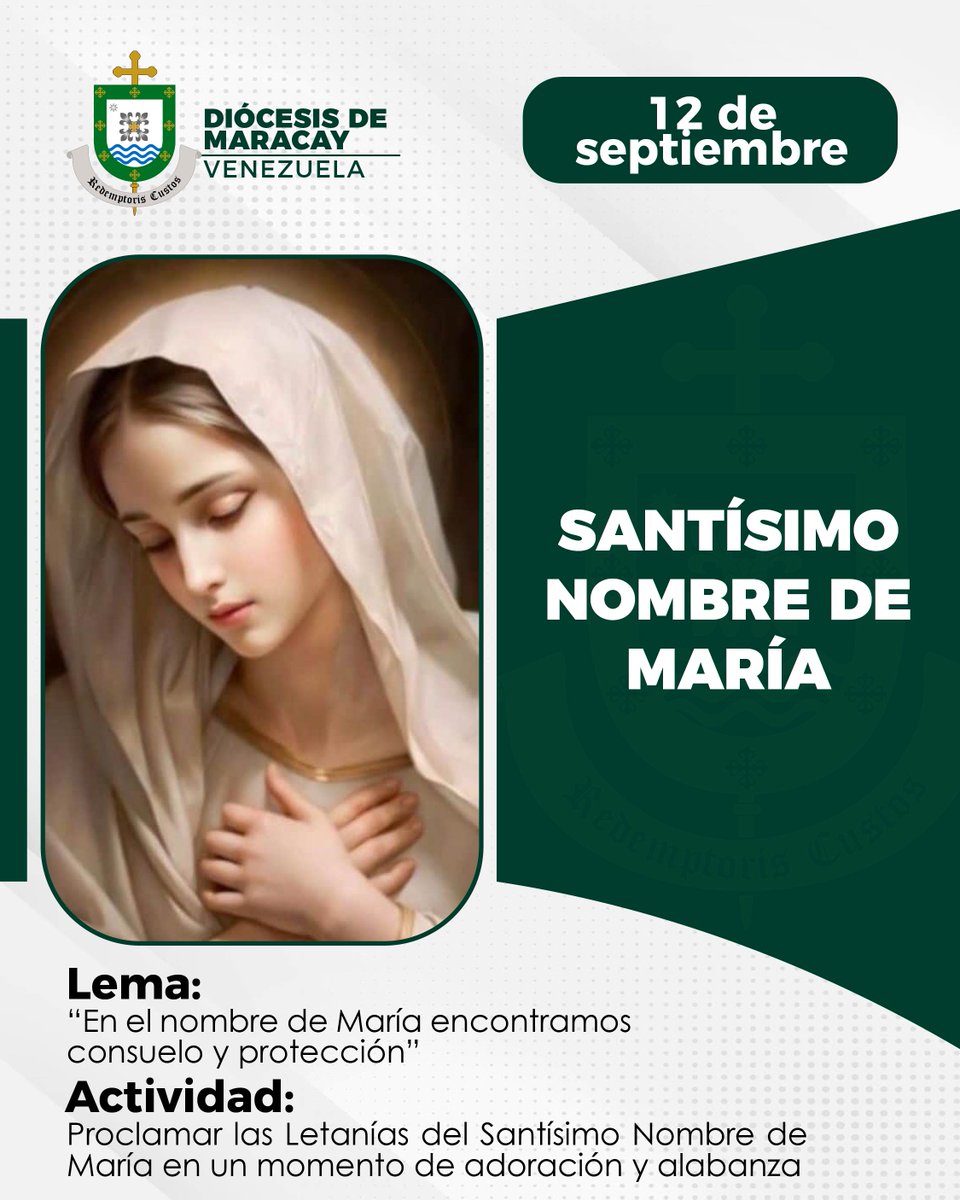 diocesisdemcy's tweet photo. Sábado 12 de septiembre: 
Santísimo Nombre de María.

​Lema: “En el nombre de María encontramos consuelo y protección”.

​Actividad: Proclamar las Letanías del Santísimo Nombre de María en un momento de adoración y alabanza.

#reflexiones de @monsparravanoficial
#mensajesparravan https://t.co/qqrThjHWlZ