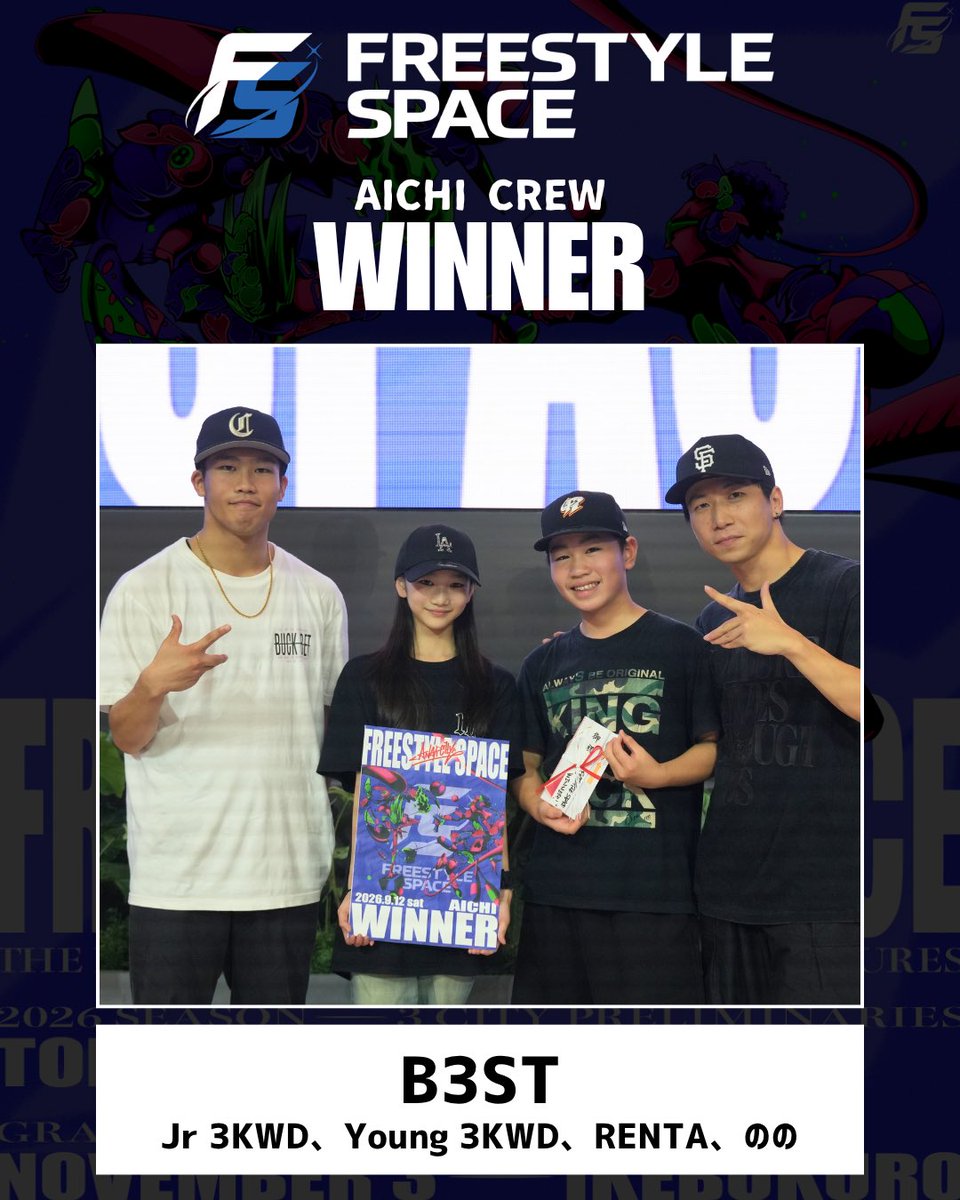 FREESTYLE_SPACE's tweet photo. 9/12 FREESTYLE SPACE 2026 ANARCHY AICHI Edition 結果

優勝🏆
B3ST
(Jr 3KWD、Young 3KWD、RENTA、のの)
[KRUMP]

準優勝🥈
TAKANTA
(かんた、Takumi)

3都市の開催が終わり、ついに11/3 池袋FINALへ！

#freestylespace https://t.co/GZHpewZCyU