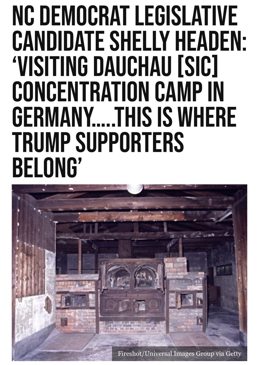 GuntherEagleman's tweet photo. This is Shelly Headen, Democrat running for NC House District 62.

She toured Dachau, a Nazi death camp, smiled in front of the ovens, and posted:

“This is where Trump supporters belong.”

41,500 people were murdered there. Jews. Priests. POWs. Political prisoners.

This CPA running to “restore human decency” used that ground to fantasize about putting half the country in a crematorium.

Same woman who wrote America’s “only hope” was an attack on U.S. soil”, preferably Alabama, Louisiana… where the stupid people live.”

This is the mask off.