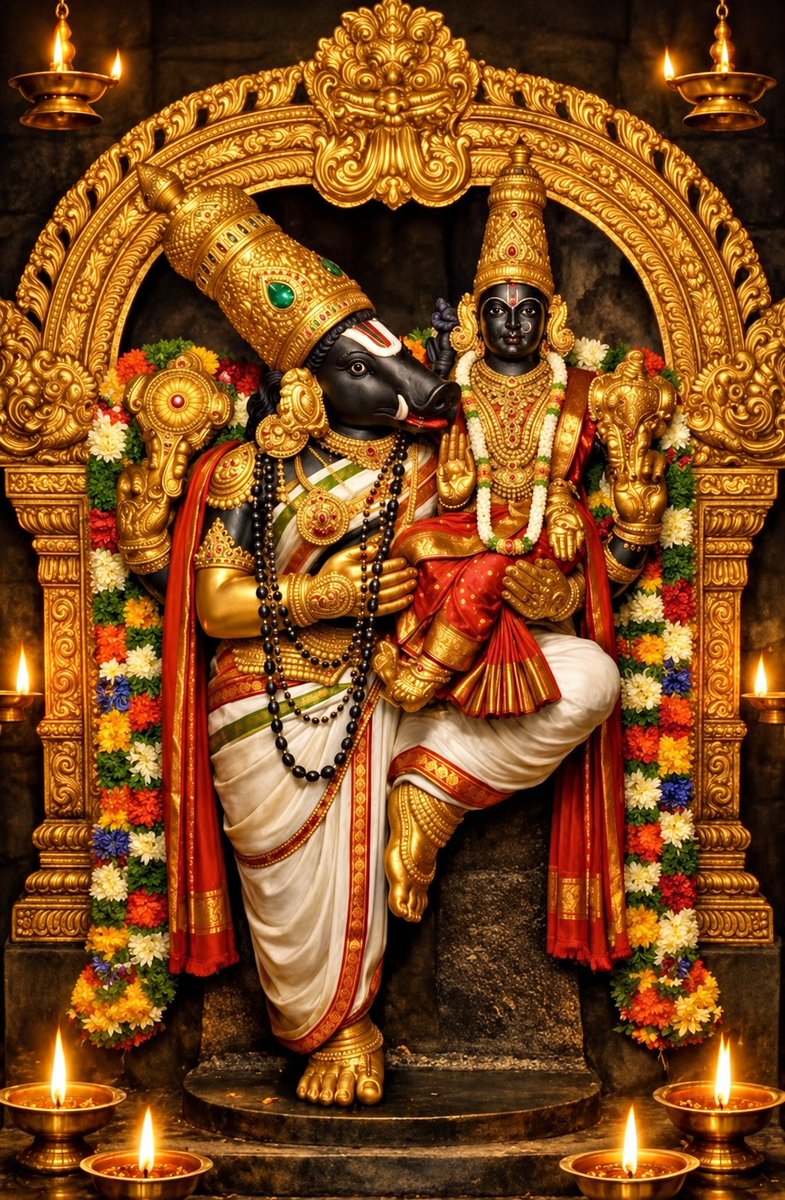 _Neti_Neti_'s tweet photo. Tomorrow, 13 September, is Varāha Jayantī, the appearance day of Viṣṇu’s third avatāra, Varāha - the mighty boar, who raised Bhū Devī from the depths.

The cause of this descent lies at the gates of Vaikuṇṭha. Jaya and Vijaya, its gatekeepers, were cursed to take birth in the material world and became the asura brothers Hiraṇyākṣa and Hiraṇyakaśipu.

Hiraṇyākṣa carried the Earth into the Garbhodaka ocean. Brahmā prayed, and Viṣṇu appeared from Brahmā’s nostril as a boar no larger than a thumb. Within moments, Varāha expanded to cosmic size and entered the waters in search of Bhū Devī.

At his touch, Bhū Devī offered the Pṛthvī Stuti, recorded in the Viṣṇu Purāṇa, a hymn that places the stability of the Earth in the Lord who sustains her.

Varāha is also Yajña-Varāha, sacrifice embodied. His tusks are identified with the yajña stakes, his teeth with the offerings, his mouth with the altar and his mane with the Vedic hymns. The entire form represents the restoration of yajña and cosmic order.

Tradition speaks of Nīla, Ādi and Śveta Varāha. The present kalpa bears the name of the white one: Śveta Varāha Kalpa.

In an older account Brahmā himself takes the form of a boar to raise the Earth. The Vaiṣṇava tradition places Viṣṇu in that form, and the same form stands at Udayagiri in a fifth-century Gupta relief, where the boar-headed Lord raises Bhū Devī upon his tusk.

The same raising appears at another level in the Varāha Upaniṣad. Varāha teaches the sage Ṛbhu the non-dual truth of Vedānta. The Lord who raises the Earth from the cosmic waters also raises the seeker from the ocean of worldly bondage.

He remains the lord of the Earth he raised.

The Tirumala hills were known as Ādivarāhakṣetra before the prominence of Veṅkaṭeśvara. Tradition holds that when Veṅkaṭeśvara descended there, he sought land from Varāha and promised that the first darśana and offerings at Tirumala would belong for ever to Varāha, worshipped there as Śrī Bhū Varāha Svāmī.

Bhū Doṣa therefore falls under Varāha’s lordship. Because he protected and raised Bhū Devī, the Varāha Homa is the foremost remedy for it, and his worship answers land disputes, delayed property purchases, ancestral property matters and instability in the home.

Tomorrow, sit before an image of Viṣṇu or Varāha and state the obstacle clearly in your Saṅkalpa.

Recite: Oṁ Namo Bhagavate Varāhāya

Read the Varāha Kavaca as well. Offer fresh Tulasī, fruit, sāttvika food and pañcāmṛta.

Varāha Jayantī commemorates the raising of the Earth. Honour Bhū Devī in a tangible way. Clean the space around you, care for the land you occupy, or plant and tend a tree.

The worship of Varāha is the worship of restored stability. He raises what has fallen and returns Bhū Devī to the order in which life can stand.