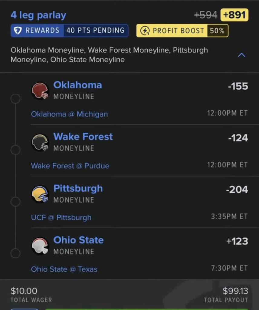 ParlaybyAce1's tweet photo. 🏈 Pat Pack – 4 Leg Edition | Sept. 12
🔹 Oklahoma ML (-155)
🔹 Wake Forest ML (-124)
🔹 Pitt ML (-204)
🔹 Ohio St ML (+123)
📈 50% Boost | +891 Odds
#GamblingX #BettingX #CFBpicks 
@Playbook https://t.co/FtgEJ2Wot5