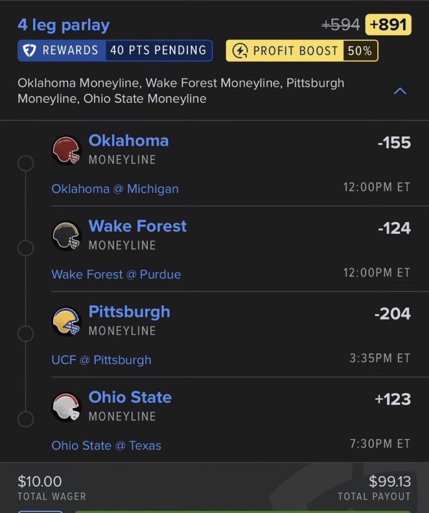 greentickets12's tweet photo. 🏈 Pat Pack – 4 Leg Edition | Sept. 12
🔹 Oklahoma ML (-155)
🔹 Wake Forest ML (-124)
🔹 Pitt ML (-204)
🔹 Ohio St ML (+123)
📈 50% Boost | +891 Odds
#GamblingX #BettingX #CFBpicks 
@Playbook

https://t.co/Jd3cB89hAl https://t.co/0ar9b9zpnP