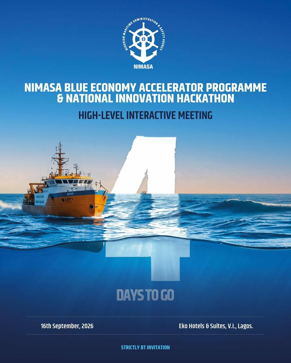 nimasaofficial's tweet photo. Less than 3% of Nigeria's maritime value chain is captured onshore. NIMASA-BEAP is here to change that math.
THIS IS A CLOSED DOOR MEETING - STRICTLY BY INVITATION.
NO ADMISSION WITHOUT CONFIRMED INVITATION.
High-Level Interactive Meeting - 16 Sept, Lagos. #NIMASABEAP #BlueEconomy