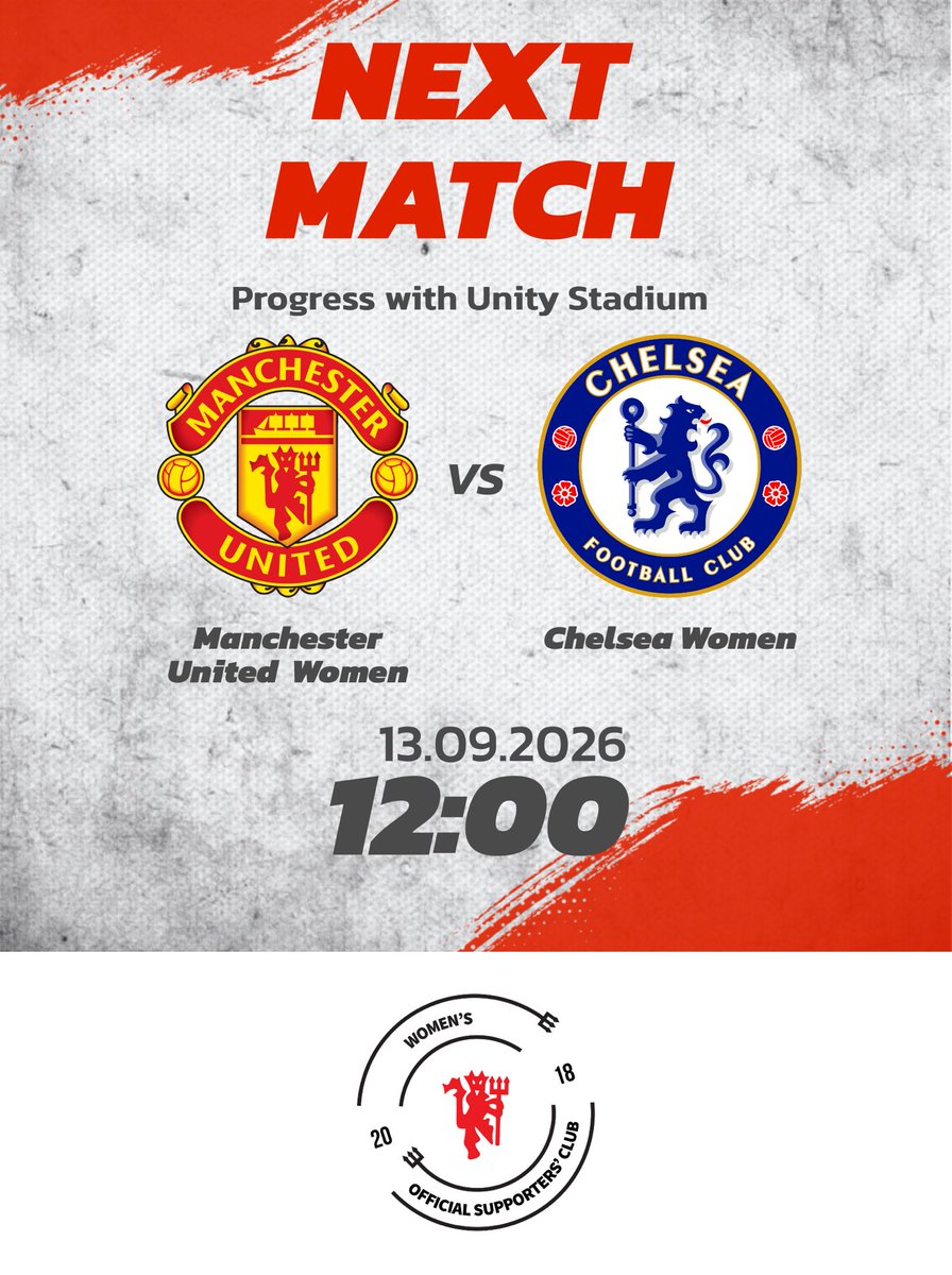 MUW_SC's tweet photo. 🔴 HOME SWEET HOME! 🔴

Our first home game of the season is here! 🏠❤️

@ManUtdWomen welcome @ChelseaFCW to the Progress with Unity Stadium for a huge Sunday clash. 🔥👹

🏟️ Progress with Unity Stadium
📅 13.09.2026
⏰ 12:00

COME ON UNITED! 👹🔥

#muwomen #muwsc https://t.co/iq9UEHJhKL
