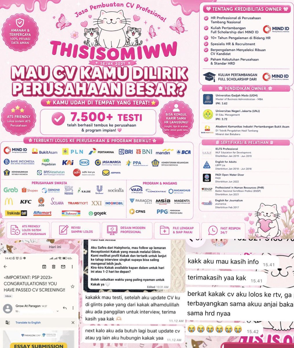 Thisisomiww's tweet photo. Diriku cuti yey

 open JASA JOKI BIKIN &amp; BUAT CV ATS 100 slot
https://t.co/nOOgIDR15t

✅ Dikerjakan langsung oleh HR aktif
🔥 8.500+ TESTI (dibawah semua TESTI LOLOS MAGANGHUB)
🏆 Hampir tiap hari ada testi LOLOS BUMN, KAI, Shopee, BCA, BRI, BI

disesuaiin POV recruiter 👀 https://t.co/u6PuwKDgAD