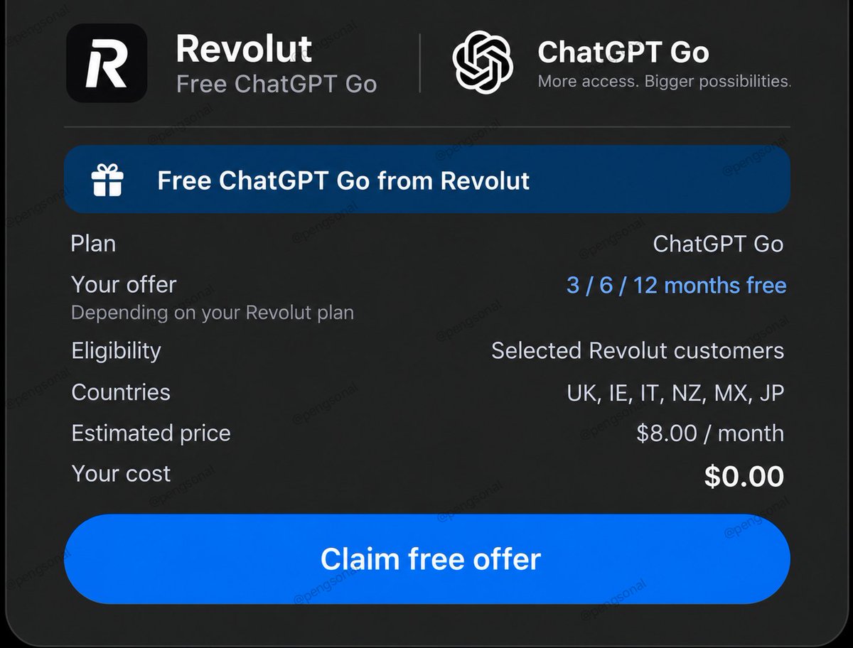 pengsonal's tweet photo. FREE CHATGPT GO FROM REVOLUT 😳

Revolut is giving eligible customers free ChatGPT Go

you can get:
• Standard/Plus → 3 months
• Premium/Pro/Mobile → 6 months
• Metal/Ultra → 12 months

how to claim:
1. go to https://t.co/ZQcSOiGOgp
2. create or have an eligible Revolut account
3. check your app, inbox or email for the offer
4. tap “Claim”
5. connect your ChatGPT account

you need to be eligible and not have had a paid ChatGPT plan in the last 3 months

available in: UK, Ireland, Italy, New Zealand, Mexico and Japan

official terms: https://t.co/w0nwUyIGFR