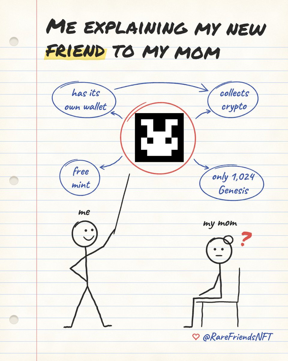 clearxbt's tweet photo. I did the best Rare Friends memes

Drew my mom a whole diagram: my new friend has its own wallet, collects crypto, and only 1,024 Genesis can ever exist

Blank stare

My notebook gets it though

Join with me: https://t.co/o6B4Qj3bv0

@RareFriendsNFT https://t.co/WK0RGqaWTm