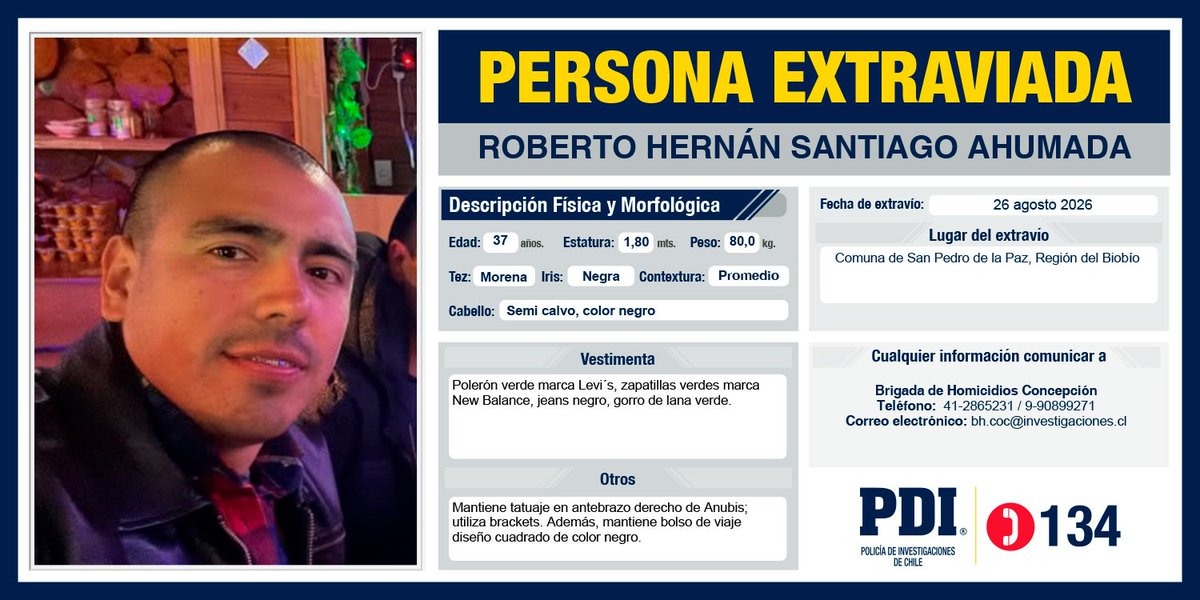 PDI_CHILE's tweet photo. ⭕️Ayúdanos a encontrar a:  

Roberto Hernán SANTIAGO AHUMADA, extraviado desde el 26 de agosto de 2026, en la comuna de Comuna de  San Pedro de la Paz, Región del Biobío.  

Más detalles en: https://t.co/lcagZJ8lC8 https://t.co/CwpwI2O6YX