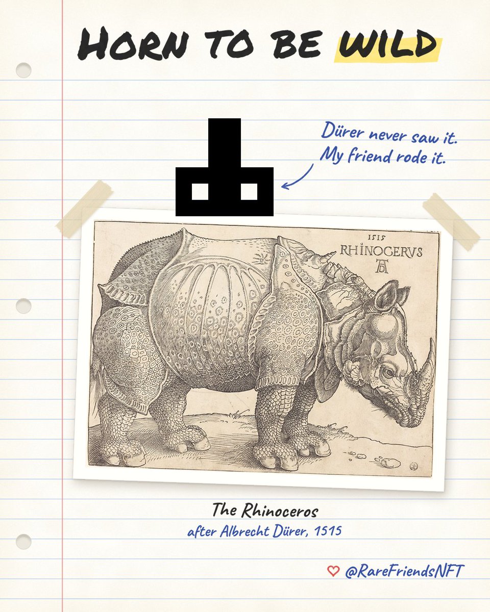 clearxbt's tweet photo. Sketchbook homework: Portray Genesis as fine art.

Albrecht Dürer.

His Young Hare (1502) got a desk mate with matching ears.
His Rhinoceros (1515) finally got a rider.

Rare Friends make good study buddies.

Join with me: https://t.co/o6B4Qj3bv0

@RareFriendsNFT https://t.co/g3qDdPU5oQ