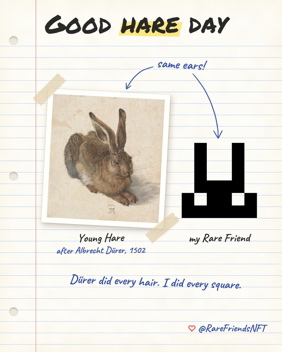 clearxbt's tweet photo. Sketchbook homework: Portray Genesis as fine art.

Albrecht Dürer.

His Young Hare (1502) got a desk mate with matching ears.
His Rhinoceros (1515) finally got a rider.

Rare Friends make good study buddies.

Join with me: https://t.co/o6B4Qj3bv0

@RareFriendsNFT https://t.co/g3qDdPU5oQ