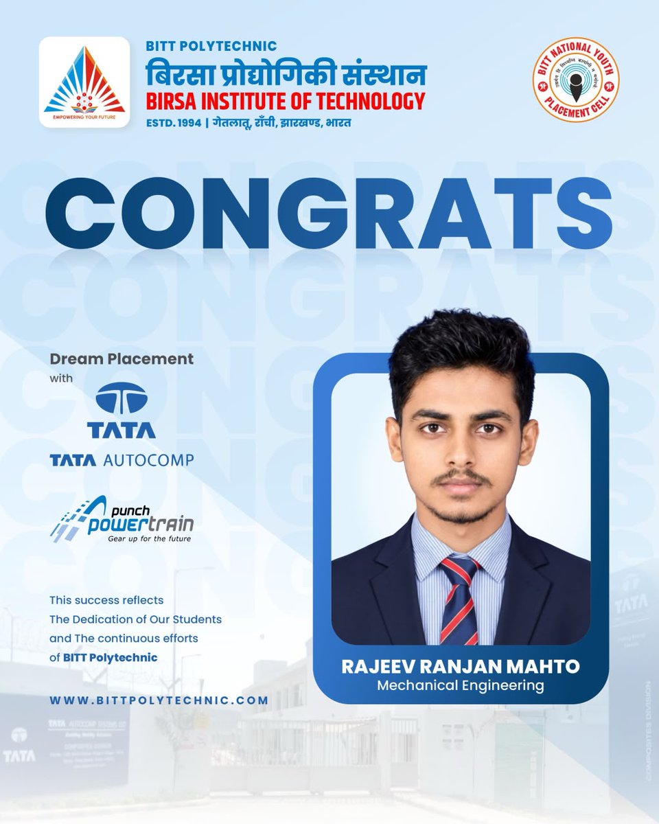 bittpp1's tweet photo. 🎉 Dream Placement Achieved! 🎉

Wishing Rajeev a bright and successful professional journey ahead! 🌟

Gear up for the future! 💼✨

#BITTPolytechnic #DreamPlacement #TataAutocomp #PunchPowertrain #MechanicalEngineering #CampusPlacement #StudentSuccess #CareerSuccess https://t.co/hJfYYtpsxm