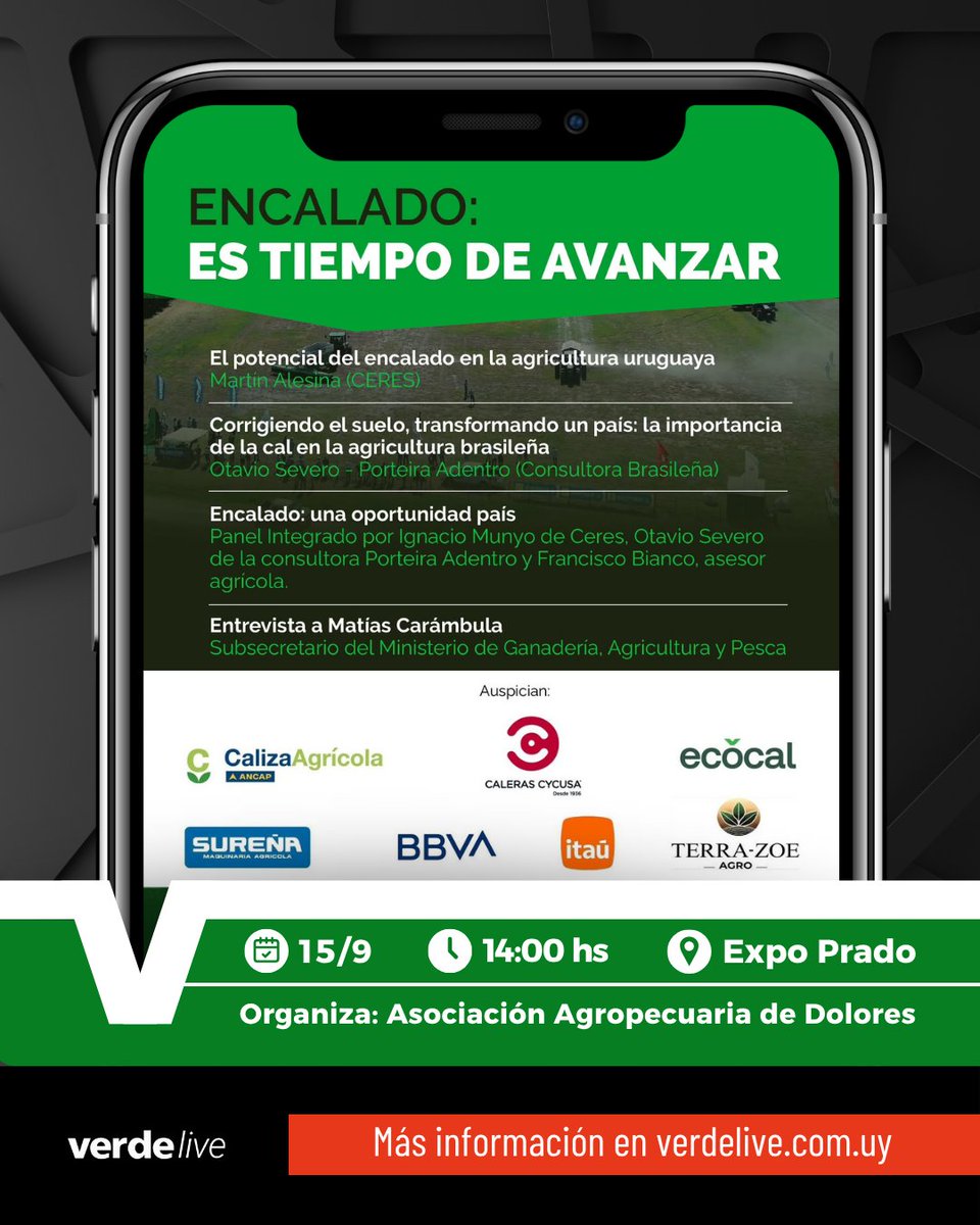 verdemediauy's tweet photo. @aad_dolores organiza una jornada en el marco de Expo Prado, con el título "Encalado: es tiempo de avanzar" 

🗓️ martes 15 de setiembre
 🕗 14:00 hs 
📍 Salón de Ventas de Expo Prado

👉 Más información en https://t.co/NwUijMnOB4, la plataforma de eventos del agro. https://t.co/nNj65g02Yp