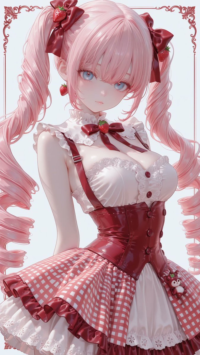 AliceLavli's tweet photo. ストロベリーギンガムのカントリースイートロリータの衣装プロンプトをどうぞ✨
outfit only, strict garment structure, strict color placement, a sleeveless fitted mini dress in warm ivory and deep strawberry red, warm-ivory cotton base fabric covered with orderly horizontal bands of tiny muted-red pastoral motifs, miniature flowers and narrow decorative lace-like stripes, wide shoulder straps, very wide rounded sailor-style collar made from small red-and-ivory gingham, collar extending across both shoulders and curving around the low rounded neckline, deep strawberry-red piping along the inner collar edge, narrow gathered deep-red ruffle along the complete outer collar edge, two small deep-red ribbon bows placed symmetrically beneath the collar, fitted corset-shaped bodice with curved princess seams, narrow deep-red piping framing the center front, exactly seven small round deep-red buttons arranged vertically from upper chest to lower waist, slim deep-red ribbon ties hanging from the neckline, close-fitting elongated waist ending in a sharp downward V-shaped basque point at the center front, narrow gathered deep-red ruffle tracing the complete V-shaped basque edge, very short full layered skirt beginning directly below the basque, upper flared peplum layer made from the same ivory motif fabric and edged with thin deep-red piping, middle gathered red-and-ivory gingham ruffle, narrow gathered ivory cotton-lace ruffle beneath it, bottom solid deep strawberry-red gathered ruffle with a scalloped edge, all skirt layers arranged horizontally and evenly around the body, opaque structured cotton fabric, fair porcelain skin with a cool pale undertone