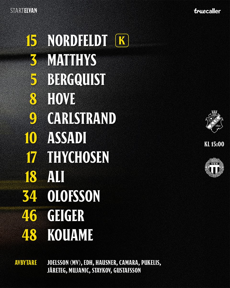 AIKfotboll's tweet photo. ⚫️ Eftermiddagens svartgula elva
🟡 Startdebut för Lucas Assadi
⚫️ Kom igen, Gnaget! https://t.co/XnSGQbUt7O