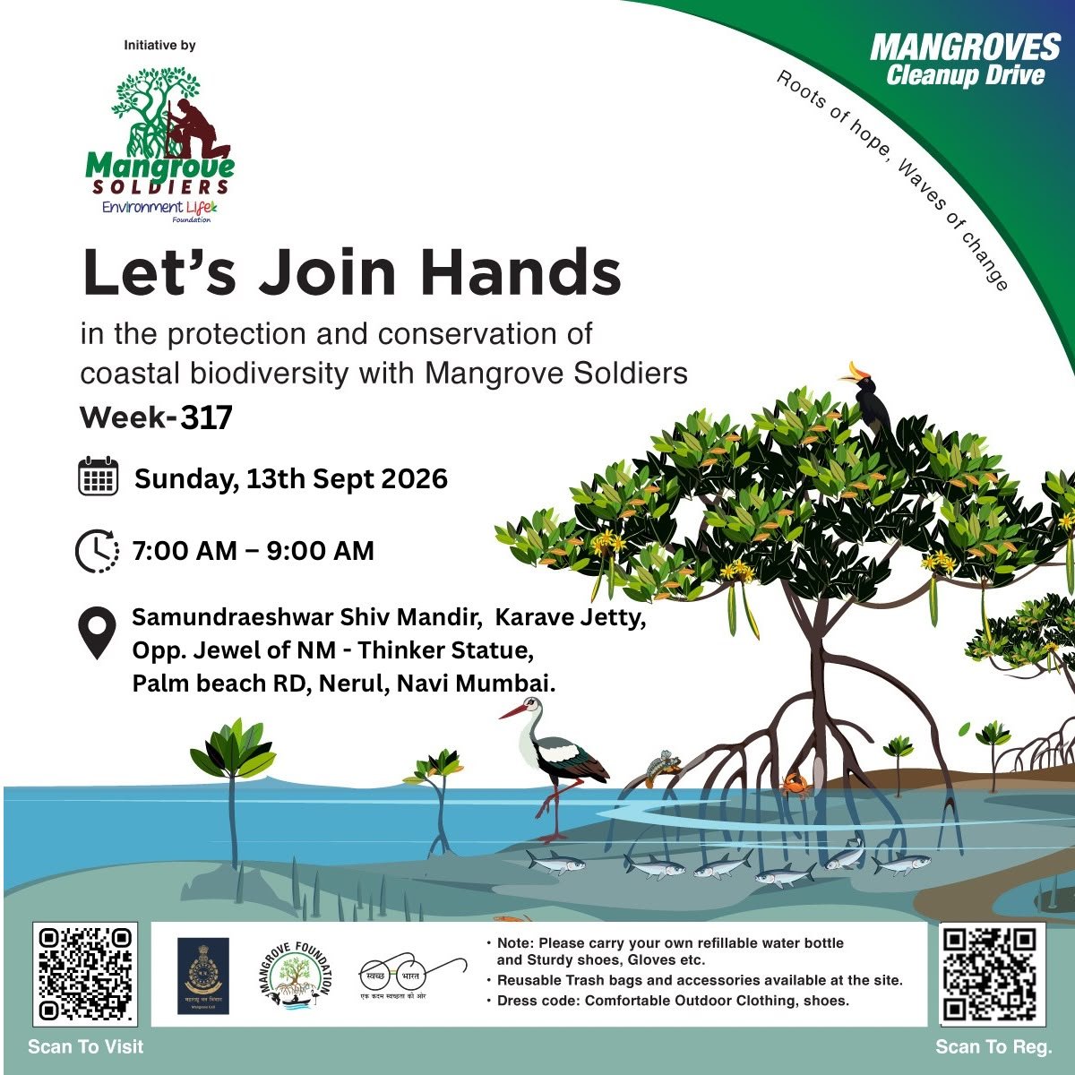 EnvironmentLife's tweet photo. Join Hands to Protect Coastal Biodiversity with Mangrove Soldiers. 🧤

WEEK - 317 
🗓️ Date: 13th Sept, 2026 (Sunday) 
⏰ Time: 7:00 AM to 09:00 AM 
📍 Location: Samundreshwar Shiv Mandir, Karave Jetty, Near Palm Beach Rd, Nerul (W)

#Mangrovecleanup #mangroves #navimumbai https://t.co/jwOu7vN4yC