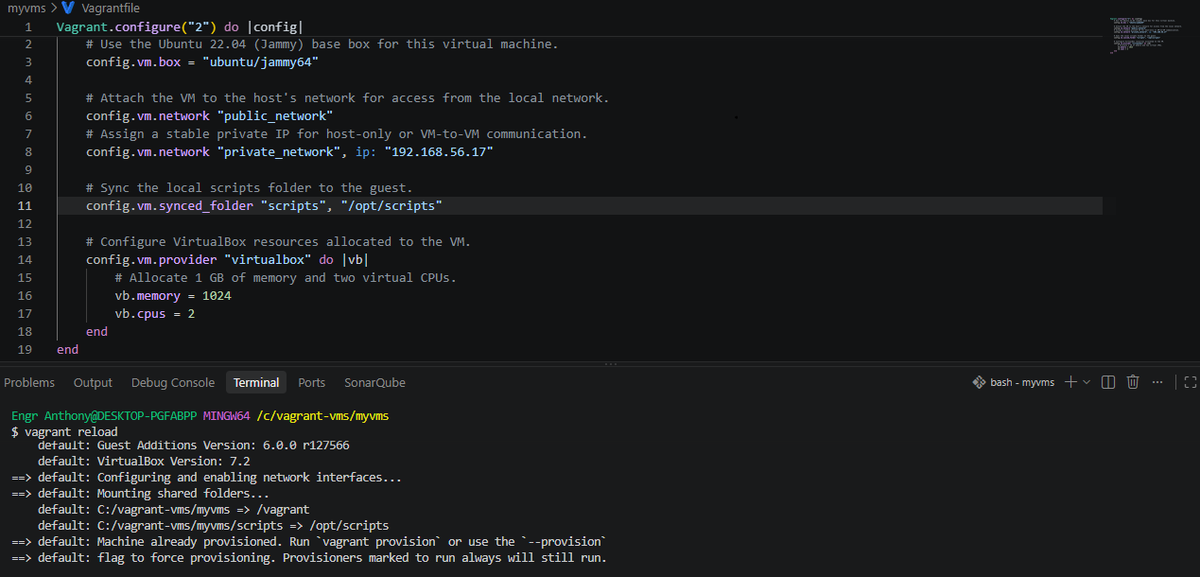 AnthonyNebenmor's tweet photo. Progress in my DevOps journey: covered Syncing Directories in Vagrant.

Custom synced folders (scripts to /opt/scripts), networking, and resource allocation (memory/CPU), all defined in the Vagrantfile and applied with vagrant reload.

#BuildInPublic #DevOps #Vagrant https://t.co/kfIoTVd145