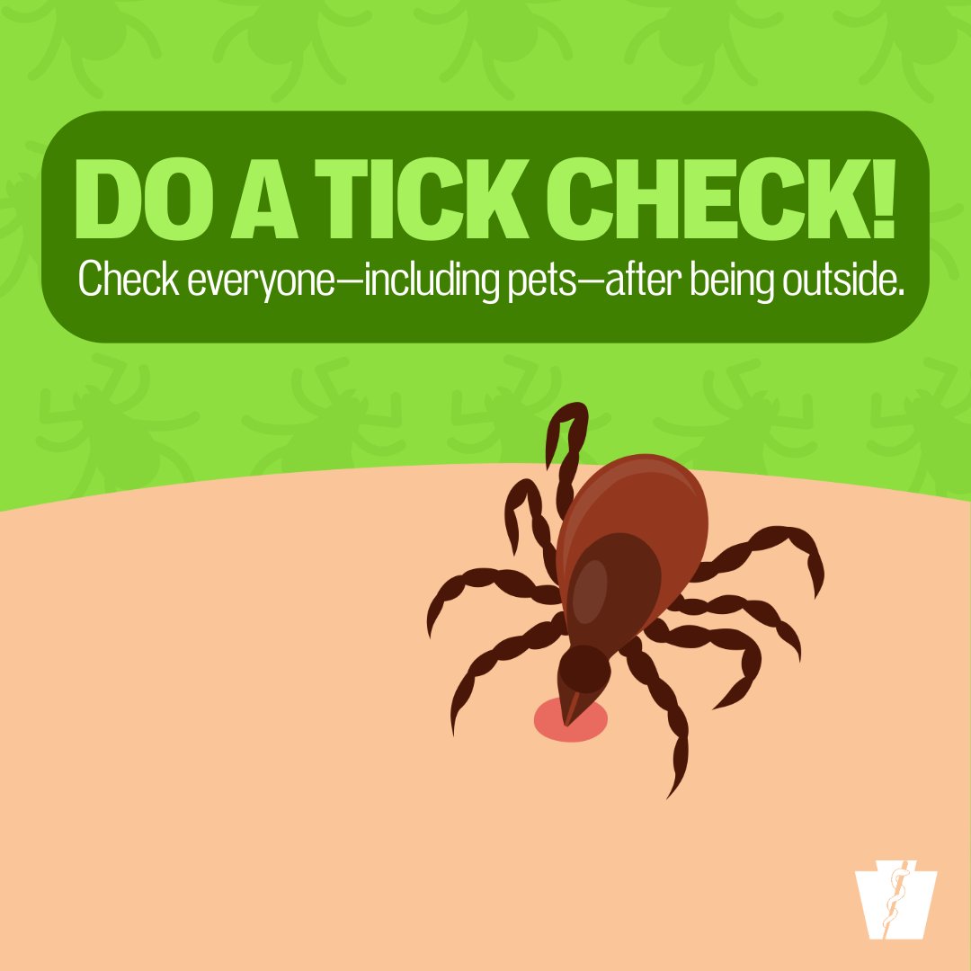 Illustration of a tick embedded in skin with a reminder to check everyone and pets after outdoor activities.