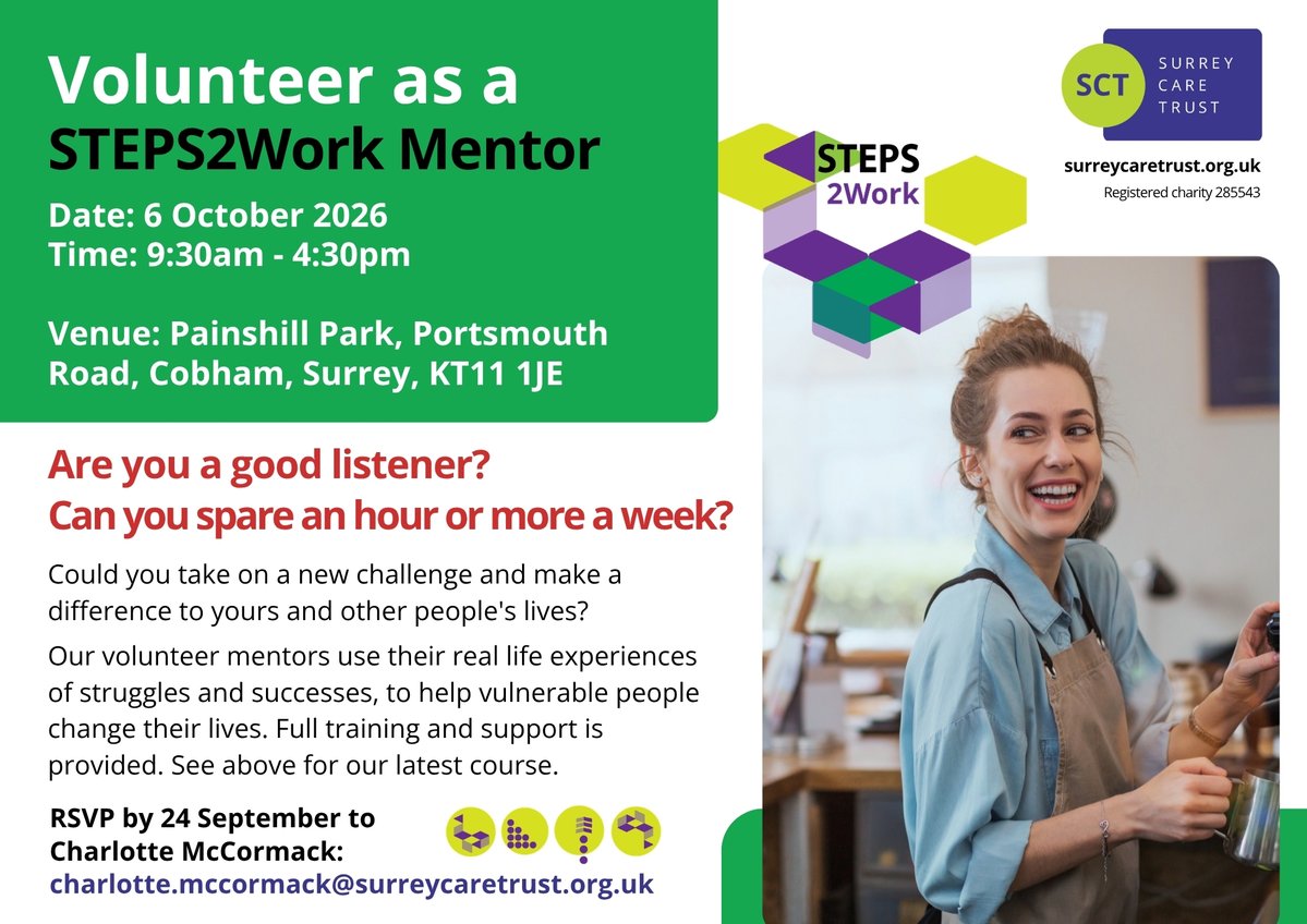 SurreyCareTrust's tweet photo. Could you make a difference as a Steps2Work Mentor? ๐ Use your life experience to support others. Join our FREE training course on 6 Oct, 9:30amโ4:30pm, in Cobham. Full training & support provided.
Find out more: https://t.co/Xgz9Q7Pv75
#Steps2Work #Volunteer #MakeADifference https://t.co/THb1MksP0G