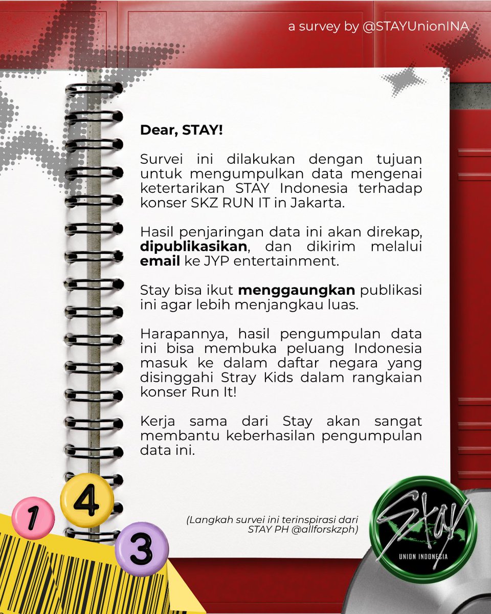 STAYUnionINA's tweet photo. Let's Bring Stray Kids to Jakarta! ✨️

STAY Indonesia, mari bersatu menyuarakan antusiasme kita untuk tour RUN IT melalui demand survey resmi dari kami.

Suara kalian sangat berarti 🫶🏻

🔗https://t.co/83635SkiB5 https://t.co/kdSAMsw3Tf
