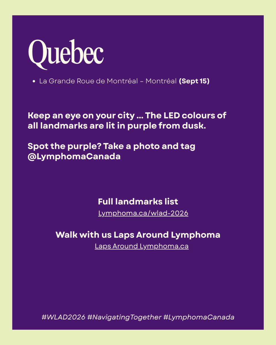 LymphomaCanada's tweet photo. This September 15, World Lymphoma Awareness Day, the global lymphoma community comes together. And in Canada, iconic landmarks will light up purple to mark the day. 💜 Keep an eye on your city. When you spot one, take a photo and tag us @LymphomaCanada.  https://t.co/ZnByQ1wIiV https://t.co/SVEj4KBV3u