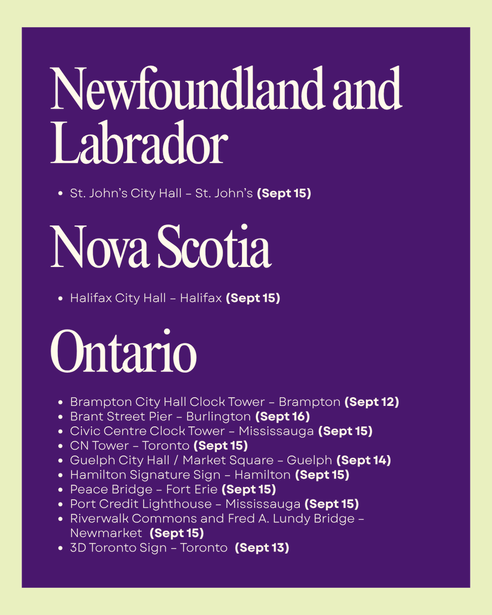 LymphomaCanada's tweet photo. This September 15, World Lymphoma Awareness Day, the global lymphoma community comes together. And in Canada, iconic landmarks will light up purple to mark the day. 💜 Keep an eye on your city. When you spot one, take a photo and tag us @LymphomaCanada.  https://t.co/ZnByQ1wIiV https://t.co/SVEj4KBV3u