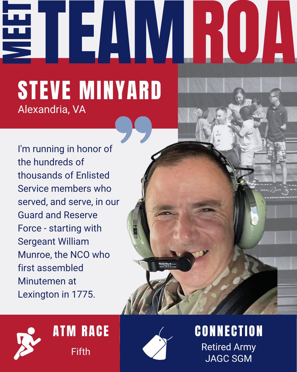 ReserveOrg's tweet photo. Our next #ArmyTenMiler #TeamROA member is SGM Steve Minyard, USA (Ret.), our amazing Director of Programs here at ROA. According to Steve, "the American Revolution started with a Citizen-Soldier NCO getting his troops ready to fight; ten miles in DC is the least we can do to honor that service!" Please visit 👟 https://t.co/HaVD8vnWYs to support Steve's fundraiser to champion ROA's programs that will benefit current and former members of the Reserve Components and their families.