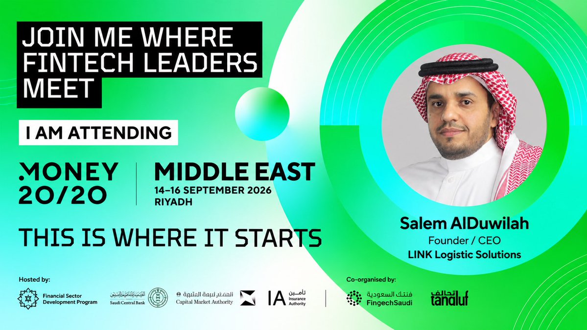 salemb18's tweet photo. سأكون في مؤتمر Money 20/20 

الشرق الأوسط بالرياض، خلال الفترة من 14 إلى 16 سبتمبر.

أتطلع للقاء المهتمين بالتقنية المالية والتجارة الإلكترونية والاستثمار، وتبادل الحديث حول دور اللوجستيات في نمو هذه القطاعات.

إذا كنت حاضرًا، يسعدني أن نلتقي.

#Money2020MiddleEast https://t.co/cu207bPZCG
