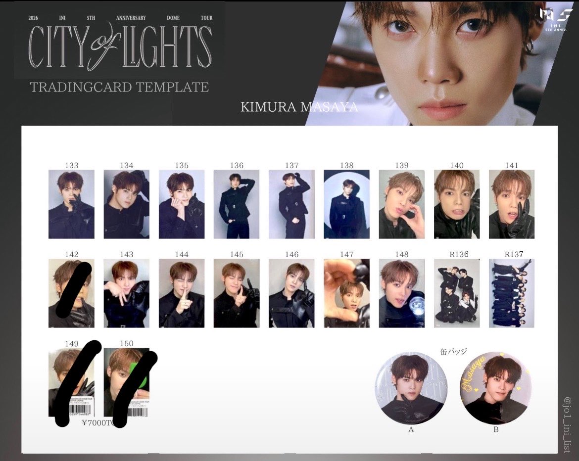 minimini_km10's tweet photo. INI CITY OF LIGHTS 交換

【譲】 シュウ 140 142 149
         田島 142 146 148
         髙塚 144 147
         藤牧 134
         後藤 134
         佐野 135
         池崎 139 
         松田 137
【求】 木村 尾崎 画像のもの
         木村147激求です
異種可 手渡しか郵送🙇🏻‍♀️
 #INI交換 https://t.co/UUnIVnvQbP