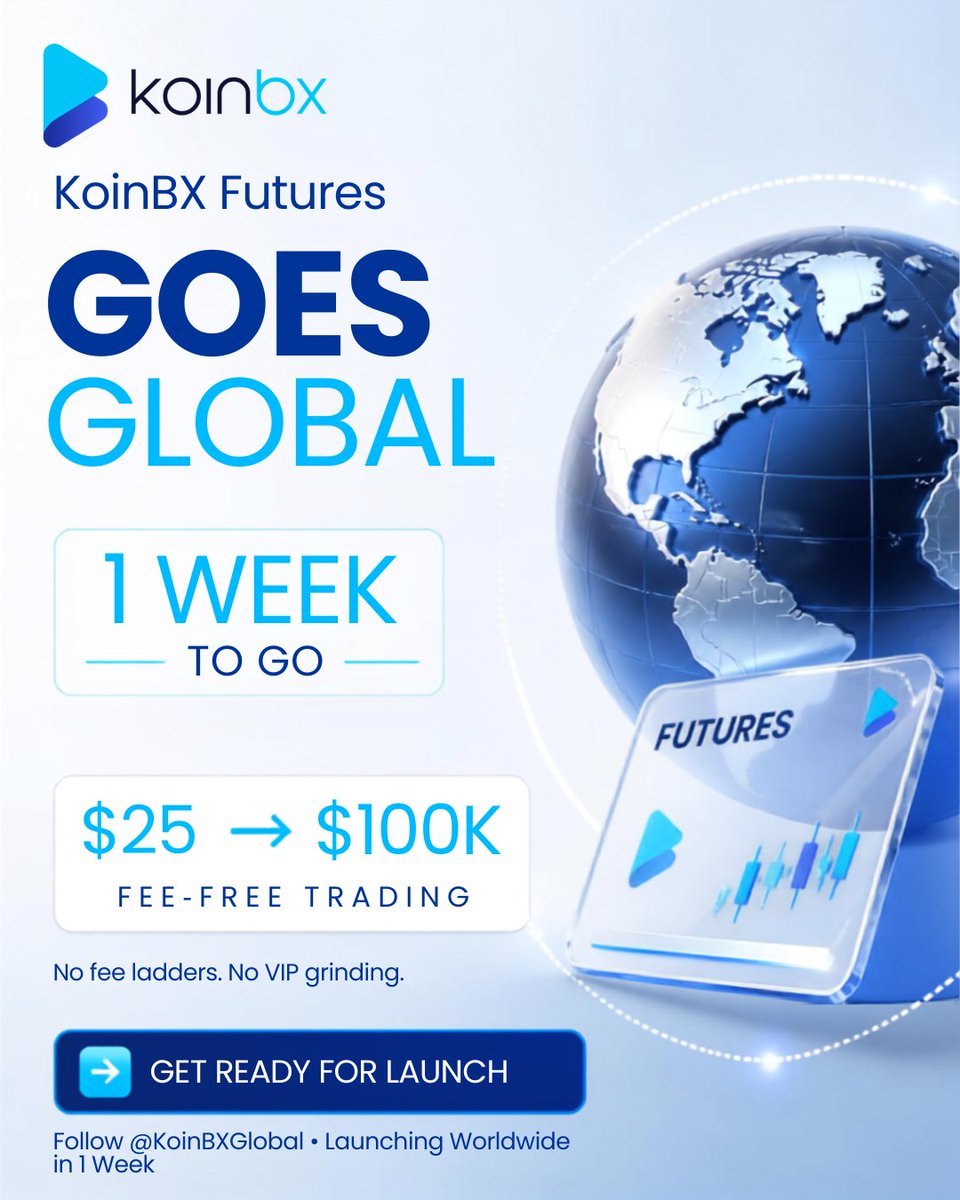 KoinBXGlobal's tweet photo. 🚀 KoinBX Futures is going GLOBAL in 1 week.
Say goodbye to fee ladders and VIP grinding.
With a Futures Pass, you get zero-fee trading from your very first trade - no need to trade millions first.
$25 = $100K fee-free. 
Simple as that.
👉 Get ready. Follow us so you don't miss launch day.
#KoinBXGlobal #KoinBXFutures #CryptoFutures #FuturesTrading #CryptoTrading #GlobalCrypto #FeeFreeTrading
