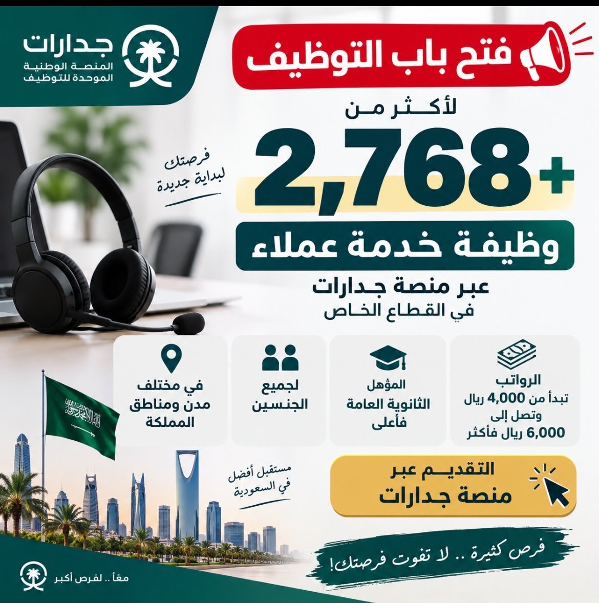 DanaAlHarbdq's tweet photo. 🚨 فتح باب التوظيف لأكثر من 2,768 وظيفة خدمة عملاء!

عبر #جدارات لحملة الثانوية فأعلى في مختلف مناطق المملكة 🇸🇦

💰 رواتب تبدأ من 4,000 ريال وتصل إلى 6,000+
📍 القطاع الخاص
📌 التقديم عبر جدارات

لا تفوّت هذه الفرصة

التقديم : sabiccompany4@gmail.com https://t.co/0GU0x4zLxB