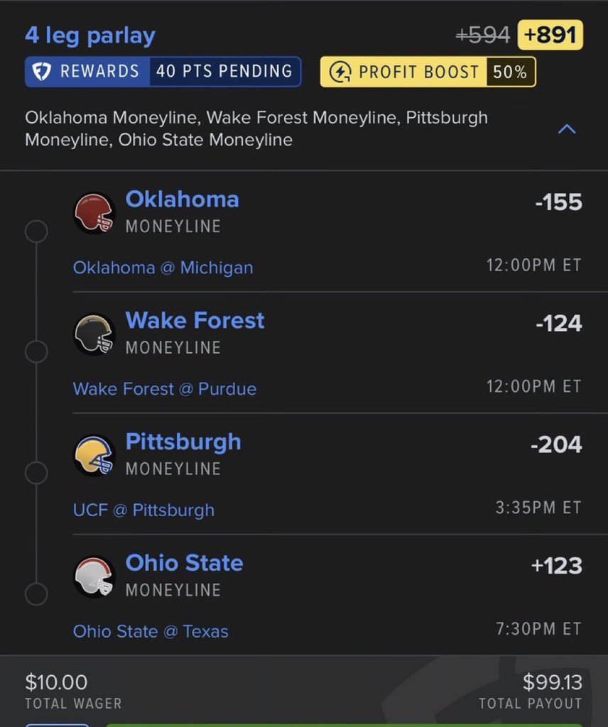 JudgmentParlays's tweet photo. 🏈 Pat Pack – 4 Leg Edition | Sept. 12
🔹 Oklahoma ML (-155)
🔹 Wake Forest ML (-124)
🔹 Pitt ML (-204)
🔹 Ohio St ML (+123)
📈 50% Boost | +891 Odds
#GamblingX #BettingX #CFBpicks 
@Playbook https://t.co/2U5eNiM58s