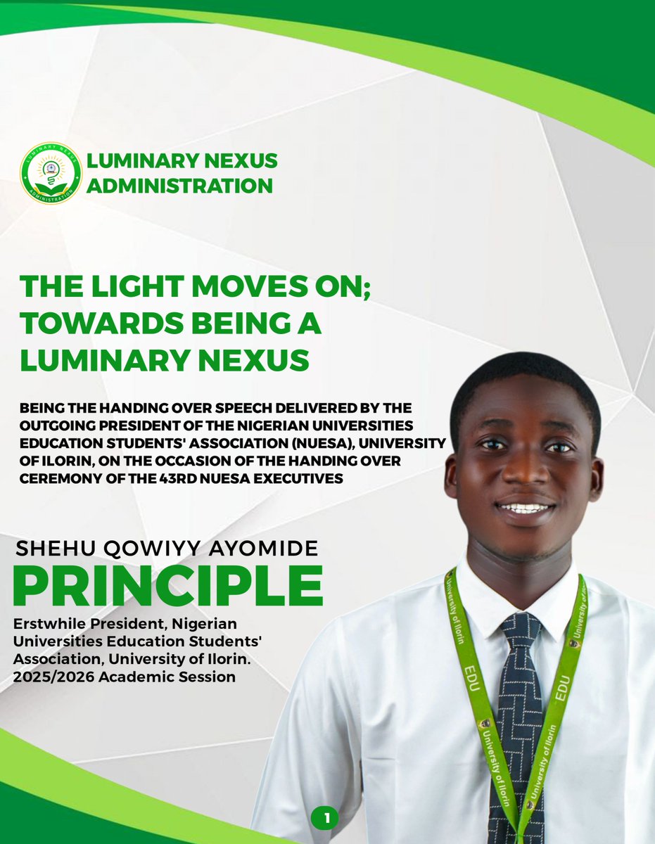 qa_shehu's tweet photo. After a year of service, on Thursday, 10th September 2026, I delivered my handing-over speech, “The Light Moves On; Towards Being a Luminary Nexus,” an echo of my inaugural speech, “Charting the Future; Towards Being a Luminary Nexus.” https://t.co/NXUemamSSv