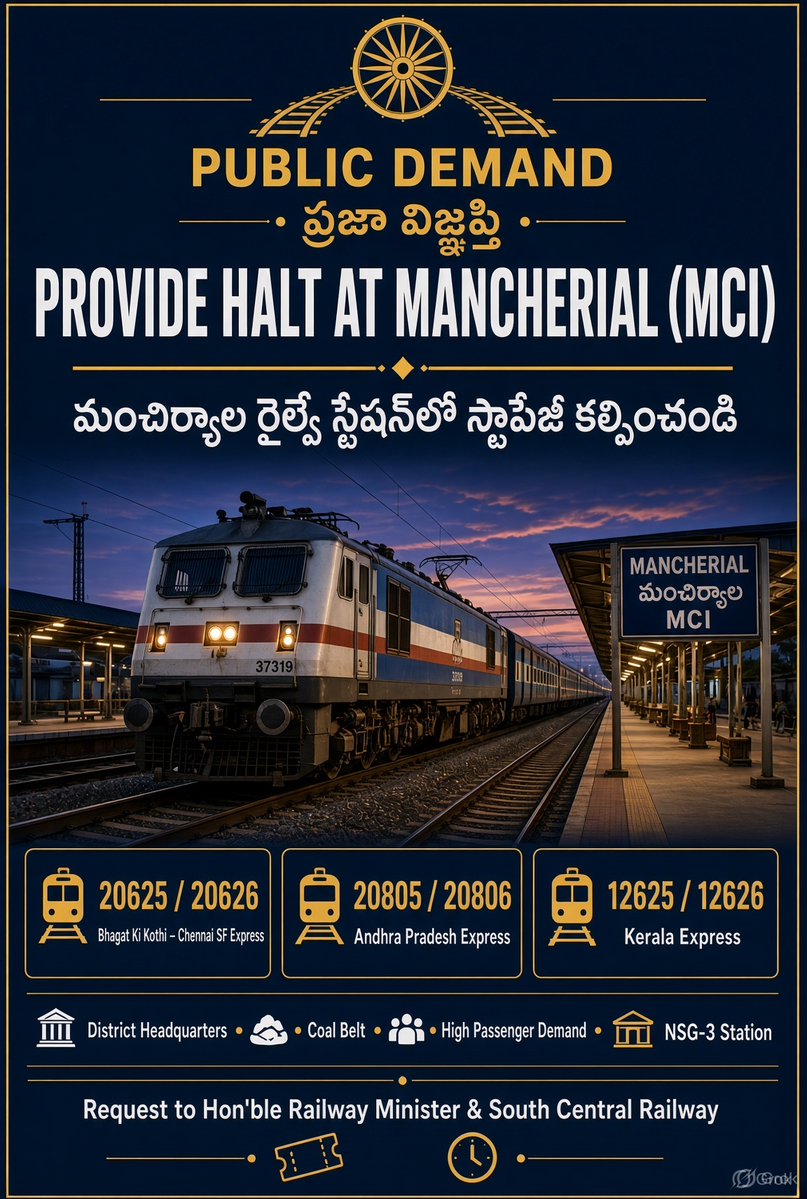 MadhuKar15a's tweet photo. Mancherial is a district headquarters and an important NSG-3 category station on the GT route serving the major Singareni coal belt with significant passenger and freight movement.

Yet, these important trains pass through Mancherial without stopping:

🔹 20625/20626- Bhagat Ki Kothi–Chennai SF Express
🔹 20805/20806 - AP Express
🔹 12625/12626 - Kerala Express

1- 2 minute halt at Mancherial would greatly benefit students, pilgrims and the general public.

Requesting @AshwiniVaishnaw @RailMinIndia @SCRailwayIndia @PMOIndia to kindly consider this genuine demand and provide a halt for these trains at #Mancherial (MCI).

@kishanreddybjp @KishanReddyOfc
@vkgaddam @KakaVamsiGaddam
@raghu_verabelli @srdom_sc
@SrDCMSC @drmsecunderabad
@drmhyb

#HaltAtMCI  #KeralaExpress #APExpress #BGKTMASExpress #SouthCentralRailway #Telangana