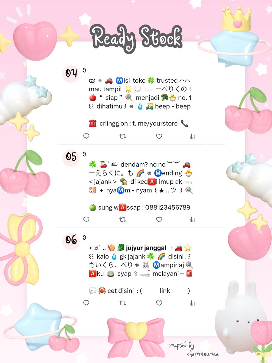 charmouraa's tweet photo. ◎ ꔛ ˚ help repost? thank you 🎀 💬

🍏 gusyyy aku bawa ☘︎ 6 wording pinned  ៸៸ 👛 𓊔 👚 price only @ 5.500 𖠗 ⁺ 🍪🐰 bisa kamu jemput by dm atau wassap 💬  ーこらいと。。
#bealanja https://t.co/E7076DchV2