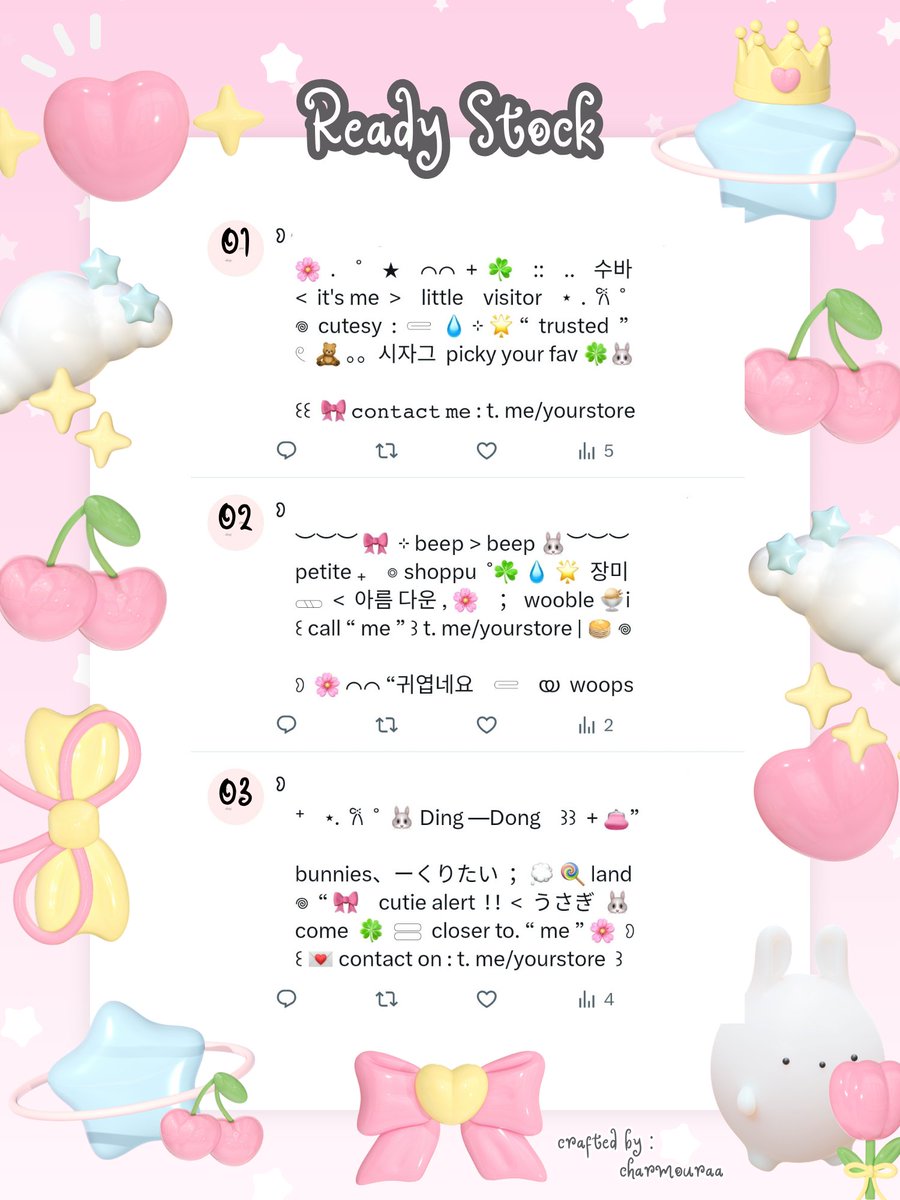 charmouraa's tweet photo. ◎ ꔛ ˚ help repost? thank you 🎀 💬

🍏 gusyyy aku bawa ☘︎ 6 wording pinned  ៸៸ 👛 𓊔 👚 price only @ 5.500 𖠗 ⁺ 🍪🐰 bisa kamu jemput by dm atau wassap 💬  ーこらいと。。
#bealanja https://t.co/E7076DchV2