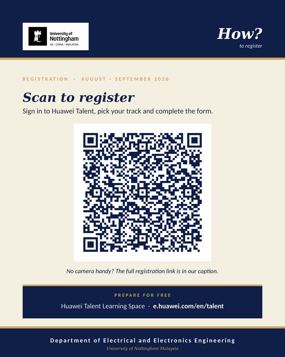 UNM_EE_Eng's tweet photo. Huawei ICT Competition 2026–2027

Open to all university students. Tracks: Network, Cloud, Computing.

Win Huawei devices, medals and trophies. Top teams reach the APAC Final and the Global Final in Shenzhen.

Register Aug–Sept 2026 — QR on the last page.

#UNMEEE #HuaweiICT https://t.co/oaOCFWf5kK