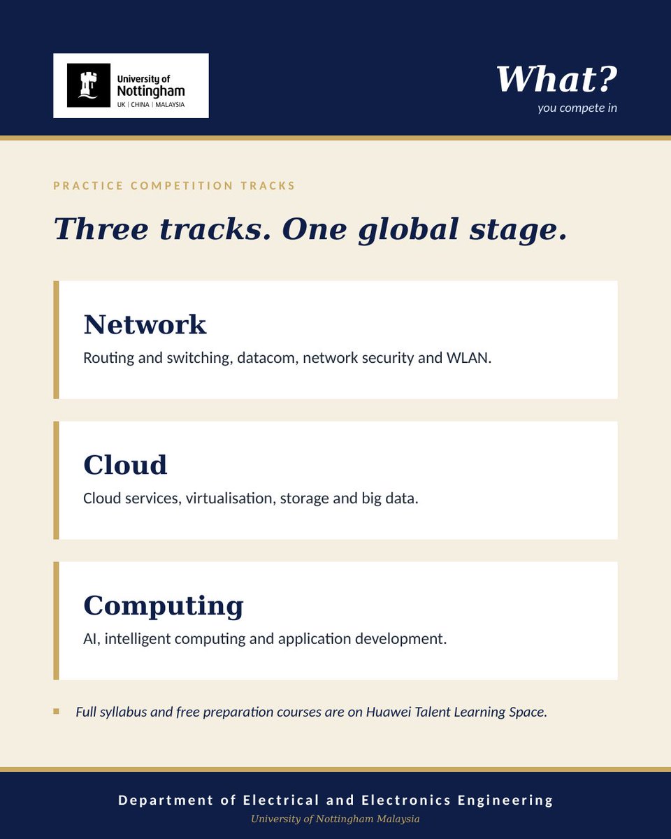 UNM_EE_Eng's tweet photo. Huawei ICT Competition 2026–2027

Open to all university students. Tracks: Network, Cloud, Computing.

Win Huawei devices, medals and trophies. Top teams reach the APAC Final and the Global Final in Shenzhen.

Register Aug–Sept 2026 — QR on the last page.

#UNMEEE #HuaweiICT https://t.co/oaOCFWf5kK