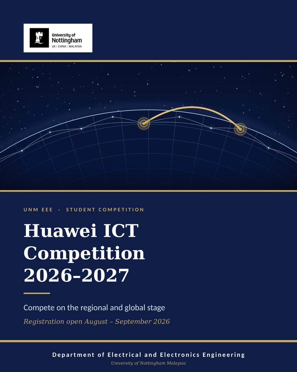 UNM_EE_Eng's tweet photo. Huawei ICT Competition 2026–2027

Open to all university students. Tracks: Network, Cloud, Computing.

Win Huawei devices, medals and trophies. Top teams reach the APAC Final and the Global Final in Shenzhen.

Register Aug–Sept 2026 — QR on the last page.

#UNMEEE #HuaweiICT https://t.co/oaOCFWf5kK