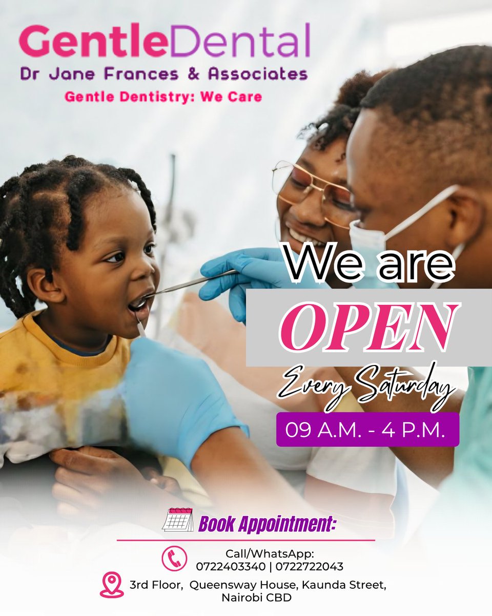 GDentalAfrica's tweet photo. Your dental appointment doesn’t have to compete a busy weekday schedule.

📞0722403340 / 0722722043
📍 3rd Floor, Queensway House, Kaunda Street, Nairobi CBD

 #DentistNairobi #DentalClinicNairobi #GentleDentalNairobi GentleDentistry DrJaneNairobi GentleDentistNairobi https://t.co/M6ORgcSfao