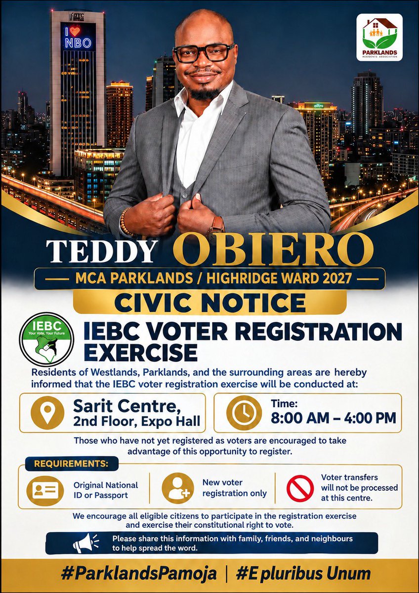 parklandspamoja's tweet photo. *VOTER REGISTRATION ALERT*

Registration is ongoing at Sarit Centre, Expo Hall - 2nd Floor. 
Closing Time : 4PM 🕓 

*PLEASE NOTE:* This is STRICTLY for NEW voter registration, NOT voter transfers.
@teddyobiero - Your voters
@GulagstormRider 
@Amazinglenah 
@metro_alliance_ 
@Alfayaz11 
@IEBCKenya 
@Hawkish_GenZ 
@WababaClub