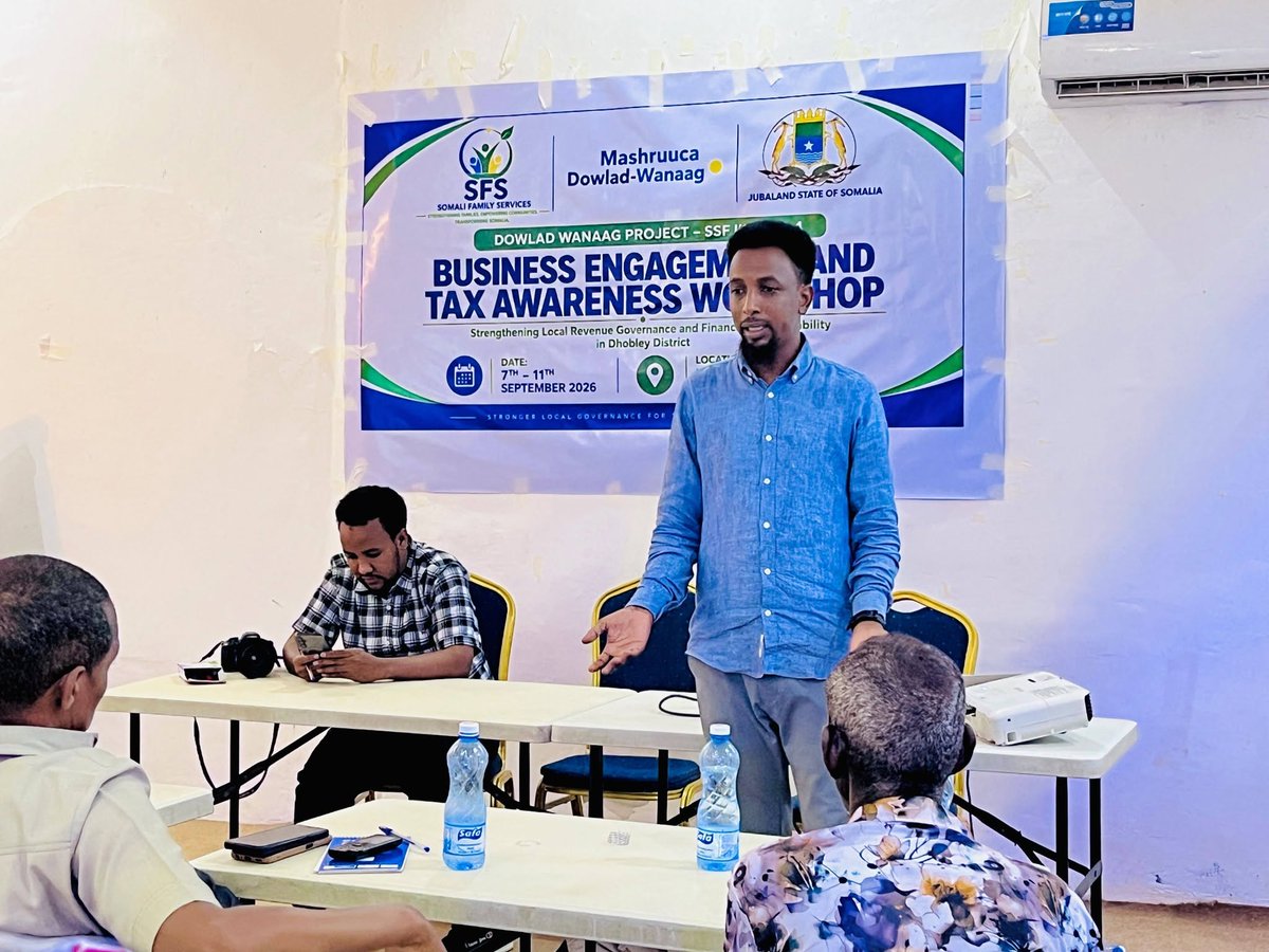SFSorgj's tweet photo. DHOBLEY, JUBALAND — 7–11 September 2026
#Somali #Family #Services #SFS conducted a five-day tax awareness workshop for 75 participants, focusing on local taxation, taxpayers’ rights and responsibilities, and transparent revenue management. https://t.co/X94DKofM7e