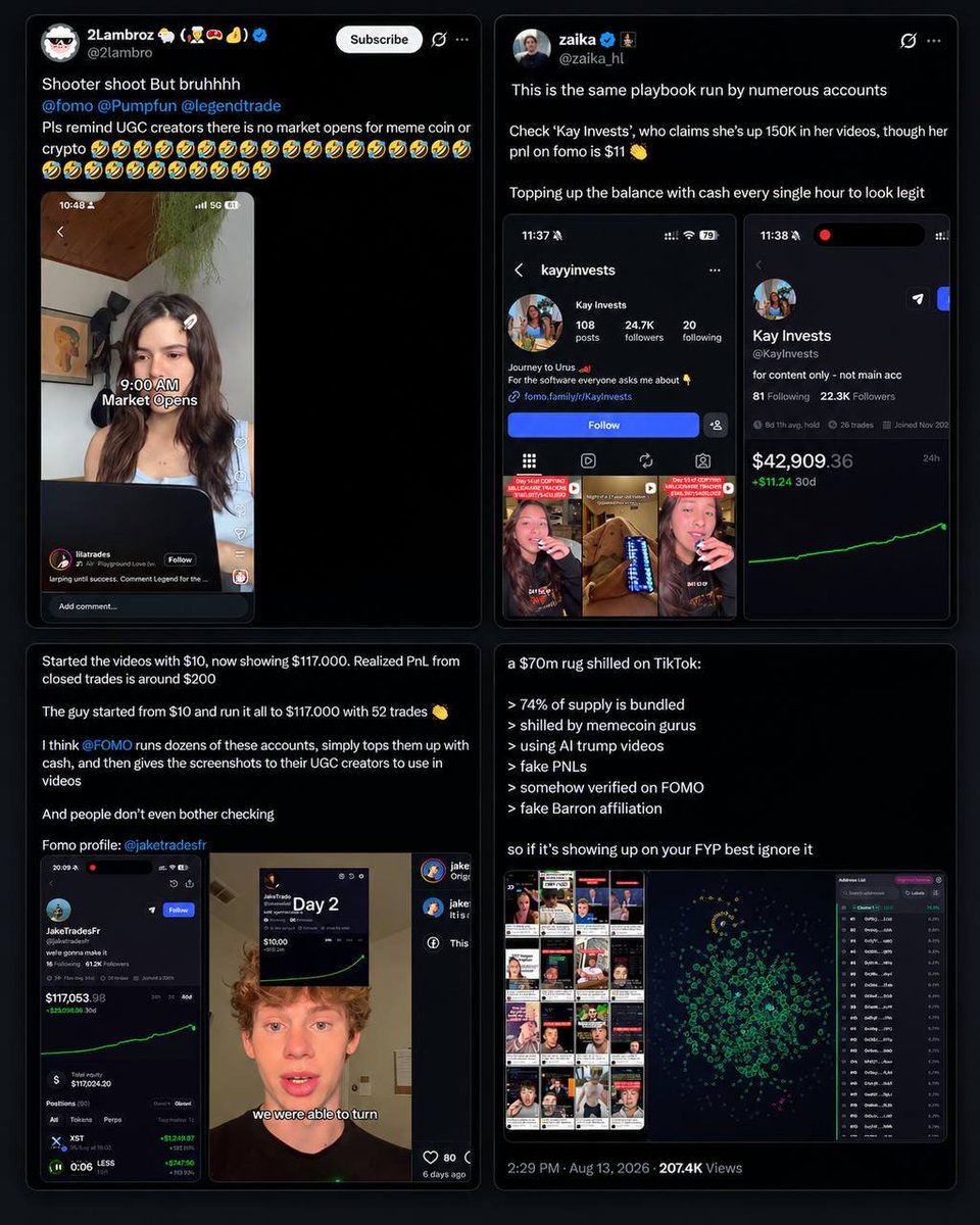 CryptonStar's tweet photo. a creator films a video with +$150,000 on fomo

her pnl on that same account: $11
balance topped up every hour
bio has a referral link: https://t.co/aADYhssFkF

another account (@jaketradesfr): started with $10, now shows $117,053.98. 52 trades, realized pnl around $200

the thread going around claims fomo pays ugc creators for clips like this. i can't verify the payments. what i can see is that the number in the video and the number on the account are two different things

the flex is content. the referral link is the income

what's the biggest fake pnl screenshot you've caught?