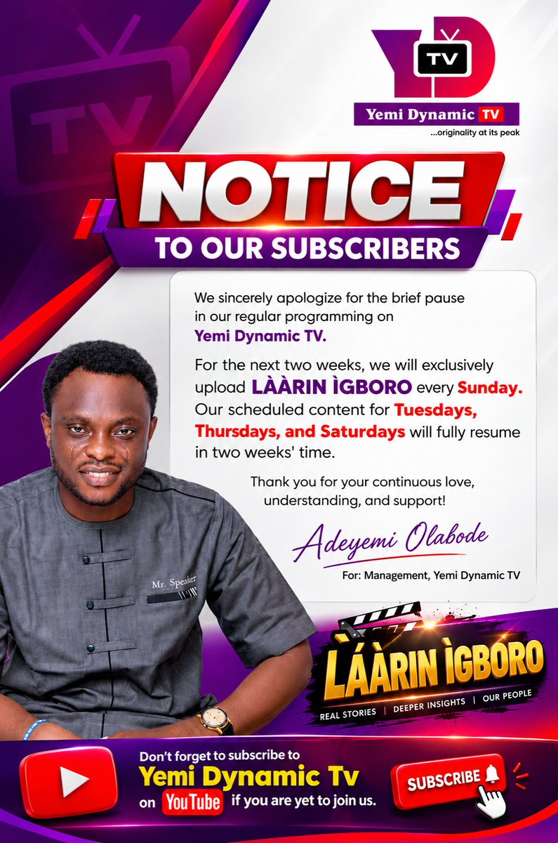 AdeyemiOlabode's tweet photo. Dear esteemed YouTube subscribers, we are not taking you forgranted. 
Kindly take note! https://t.co/PxdkcmpKBs