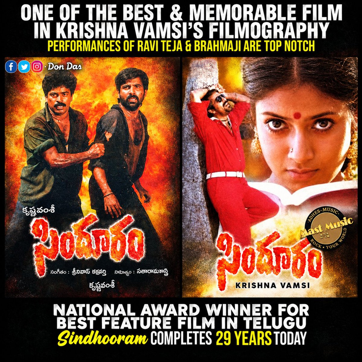 DonDas_'s tweet photo. National Award Winner for Best Feature Flim in Telugu Industry.😍
#Sindhooram Completed 29 Years today..💥
Sindhooram Winning 5 Nandi Awards,
It is one of Best Terffic Flim Directed by @director_kv garu
@RaviTeja_offl & @actorbrahmaji
#29YearsForSindhooram https://t.co/FdWbTesrox