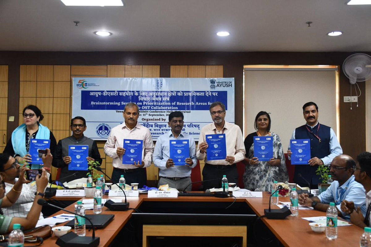 moayush's tweet photo. A Brainstorming Session on prioritizing research areas for the Ayush–DST Collaboration was held on 11th September 2026 at CCRAS-NIIMH, Hyderabad. The deliberations were steered by Dr A. Raghu, Adviser (Ayurveda), Ministry of Ayush and Dr Rashmi Sharma, Scientist-F, Department of Science and Technology. 

Dr Rabinarayan Acharya, DG CCRAS, Dr Subhash Koushik, DG, CCRH, Dr Sreekanth, DDG, CCRAS and Dr Gajala, AD in charge, CCRUM, scientists from Ayush research councils, DST and Officials from Ministry of Ayush actively participated in detailed deliberations to map out strategic joint research focused on the following:

🔹 Quality and Standardization of Botanicals and Ayush Drugs.
🔹 Drug Discovery, Safety and Efficacy of Ayush Drugs
🔹 Understanding Mechanistics of Therapeutic Modalities through Integrative Approaches in Ayush.
🔹 Artificial Intelligence and Digital Health Technologies.
🔹 Understanding the Fundamental Principles of Ayush.

The event wrapped up with an inspiring medico-historical tour of the NIIMH Museum & Library!

#Ayush #AyushResearch #ResearchAndInnovation #AyushDSTCollaboration #TraditionalMedicine #IntegrativeHealth #AIinHealthcare  
@PMOIndia |@narendramodi | @mpprataprao | @secymoayush |@IndiaDST  |@PIBIndia |@PIBAYUSH|@DDNewslive |@sansad_tv |@AIRNewsHindi I @mygovindia |